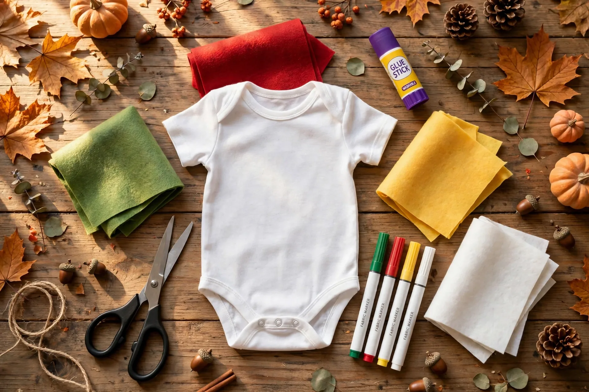 Flat-lay of DIY baby costume supplies: felt sheets, a plain white onesie, fabric markers, scissors and glue on a wooden table