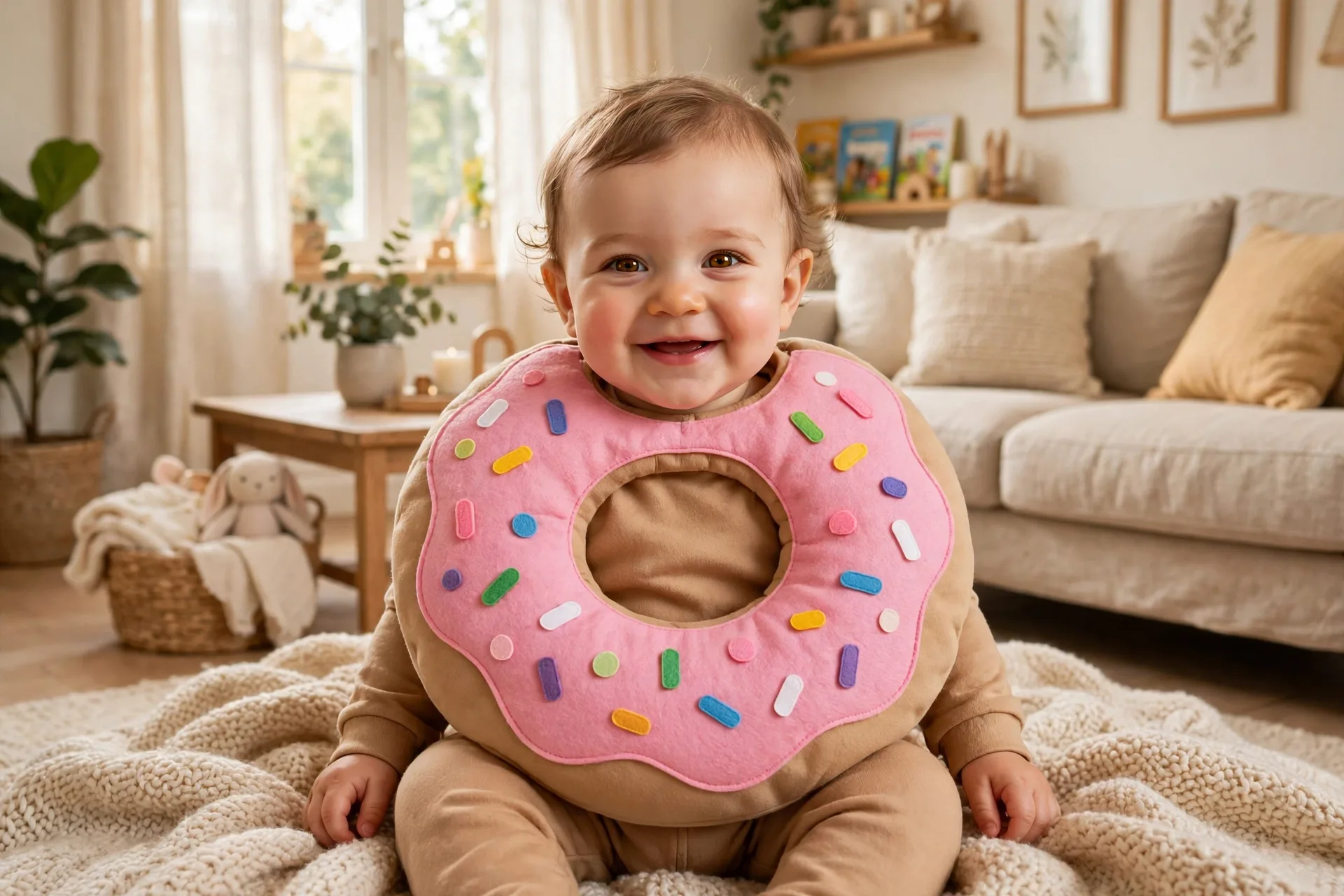 Baby dressed as a donut costume with a tan onesie, pink felt frosting ring and colorful sprinkles, sitting on a soft blanket
