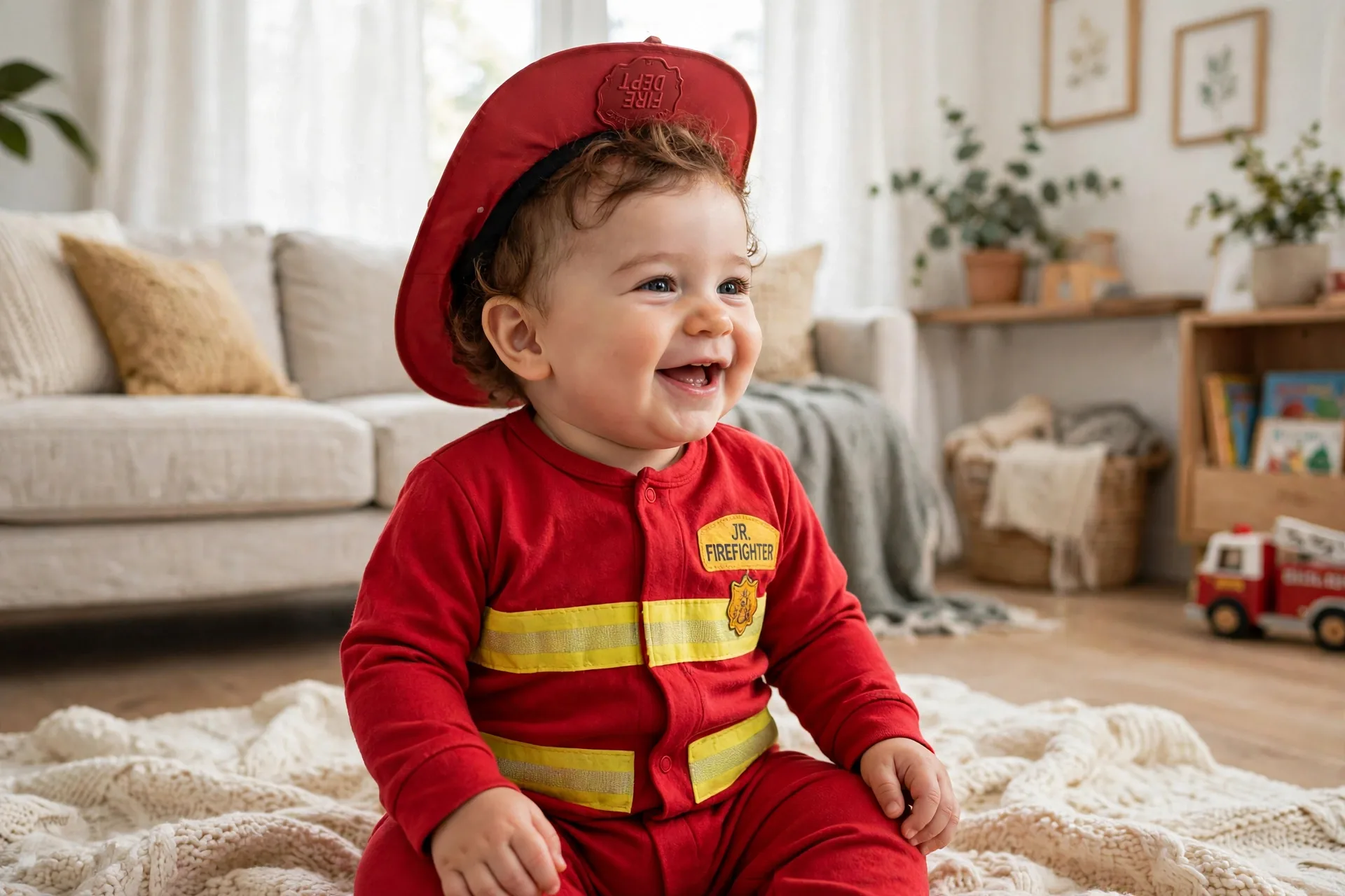 Baby dressed as a tiny firefighter costume with a red onesie, yellow reflective stripes and soft red helmet, sitting on a soft blanket