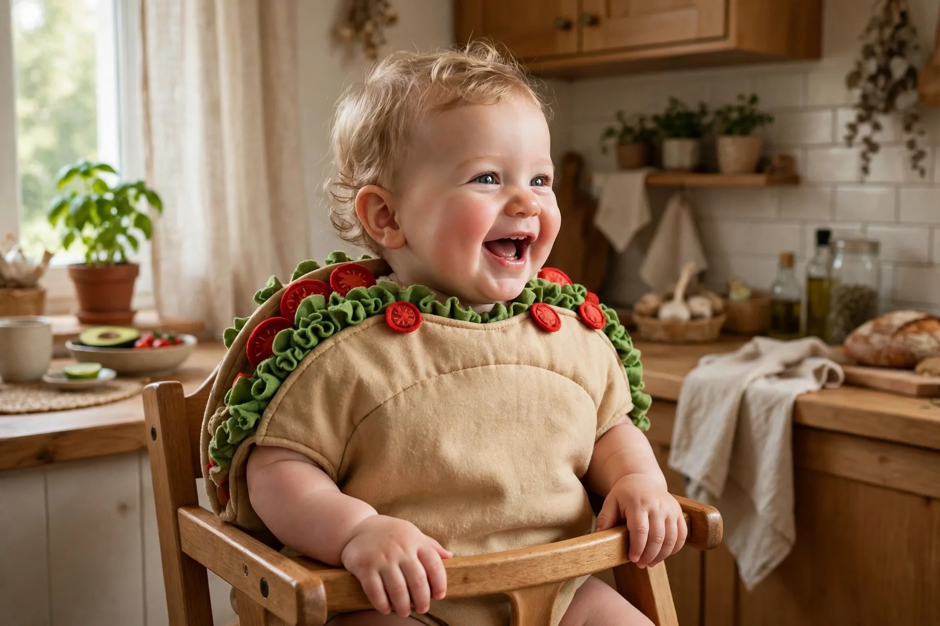 Baby dressed as a soft taco costume with tan onesie, ruffled green felt lettuce and red felt tomato pieces, sitting in a high chair