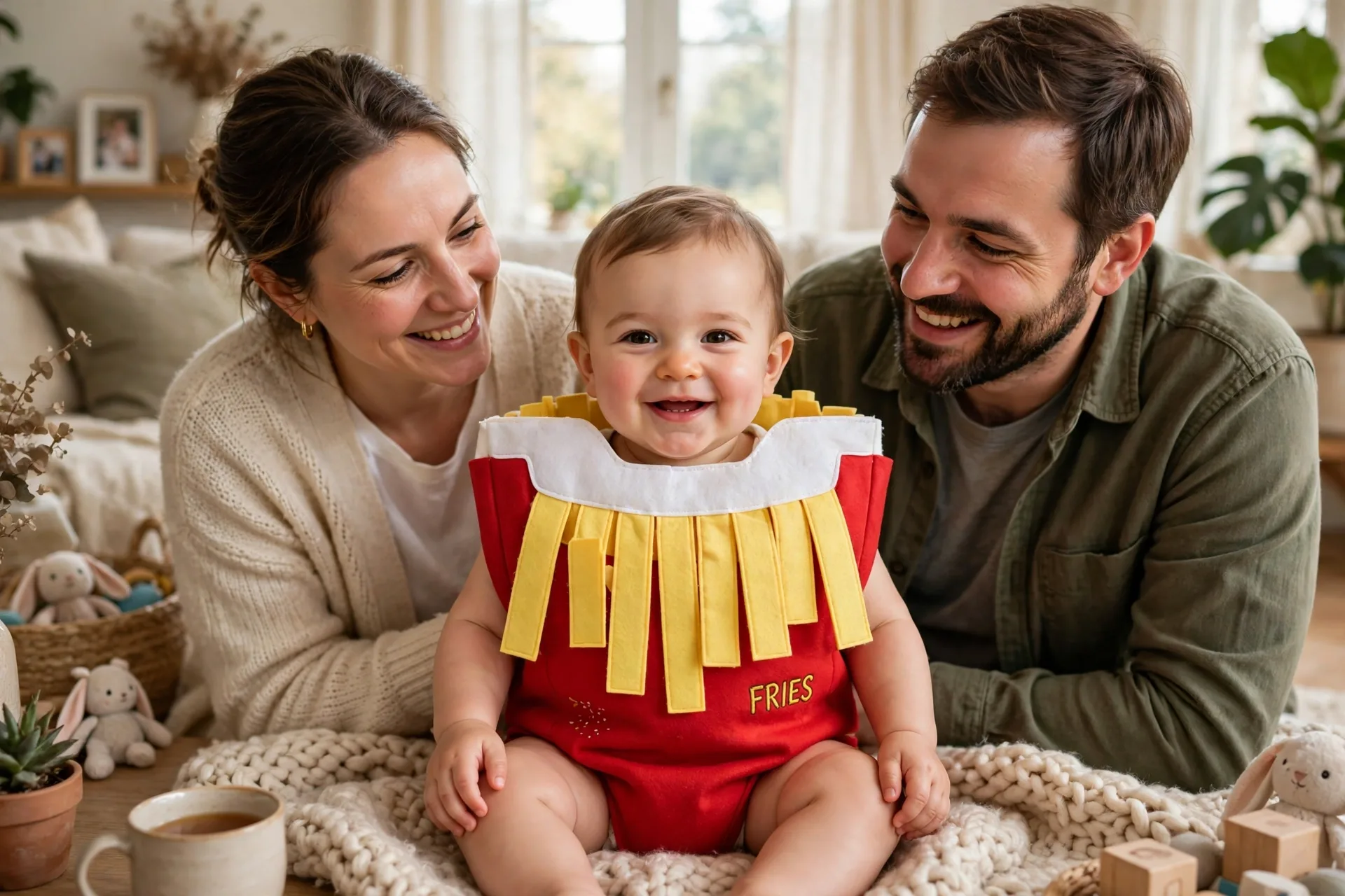 Baby dressed as french fries costume with a red onesie and yellow felt fries across the chest, sitting on a soft blanket