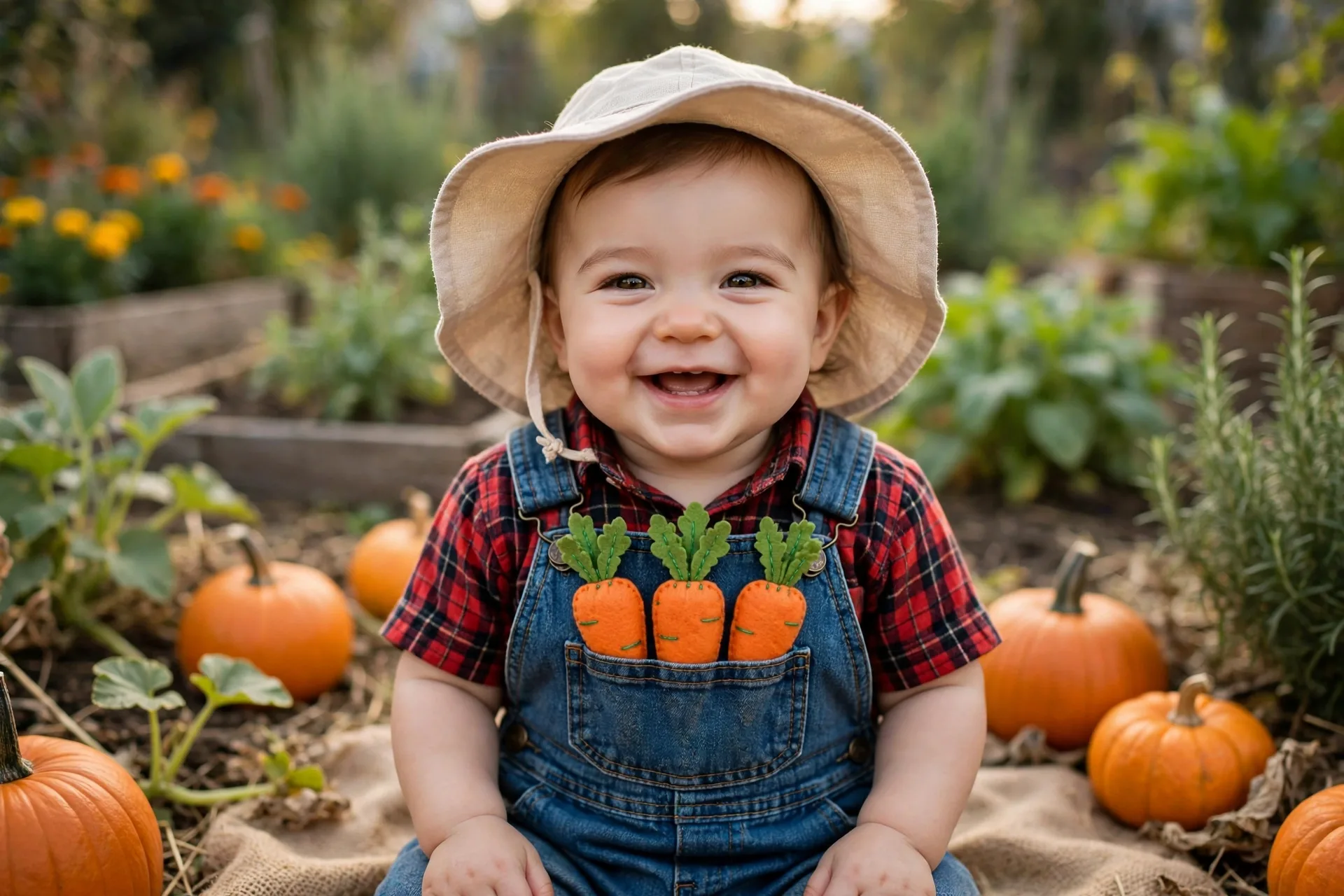 Baby dressed as a tiny gardener with denim overalls and felt carrots in the pocket, sitting in a garden