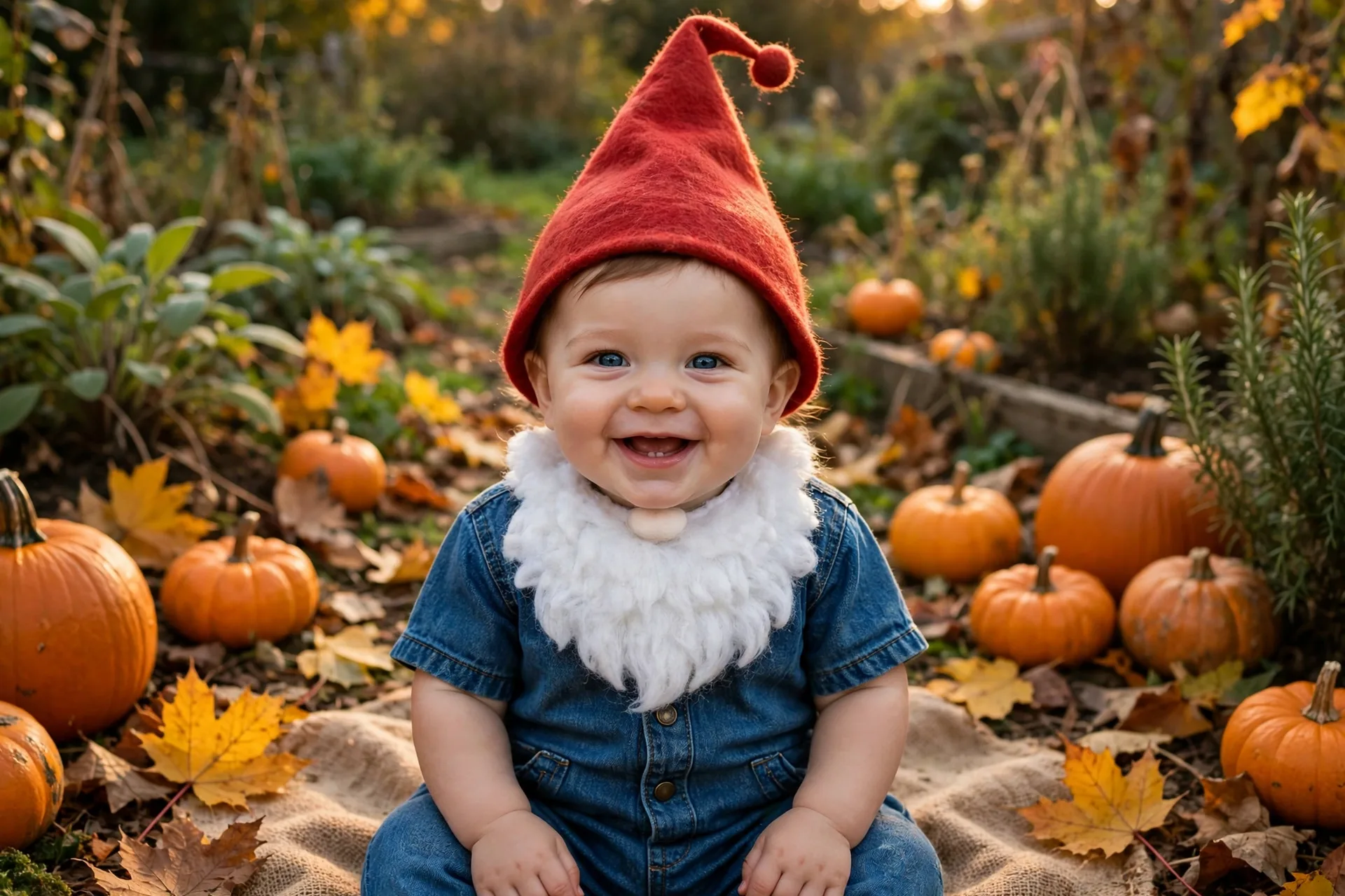 Baby dressed as a garden gnome with a red felt pointed hat, blue onesie and fluffy white felt beard, sitting in a garden with pumpkins