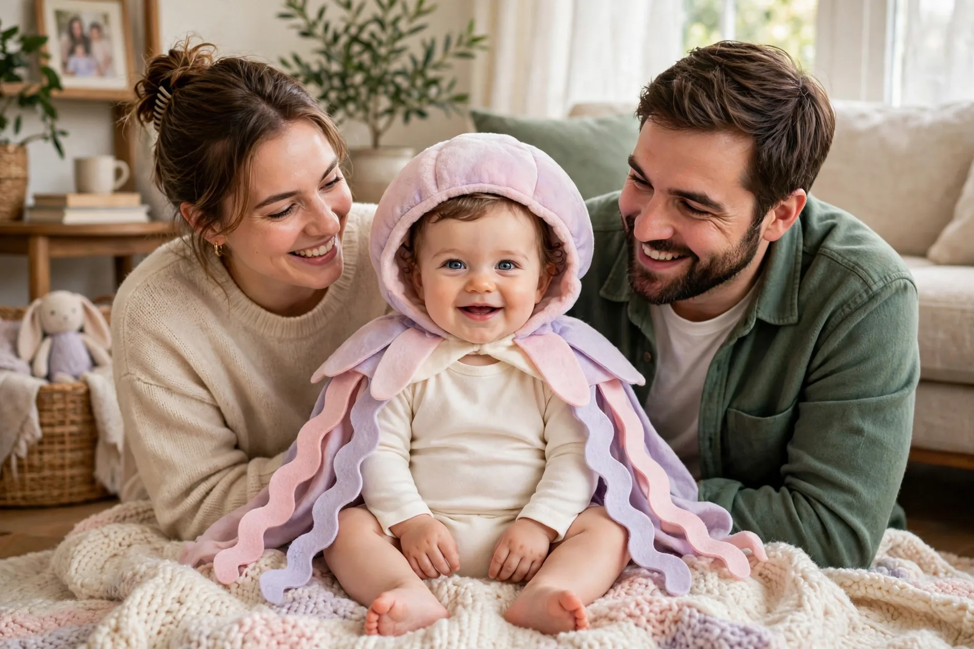 Baby dressed as a jellyfish costume with a soft hooded capelet and pastel felt tentacles, sitting on a soft blanket