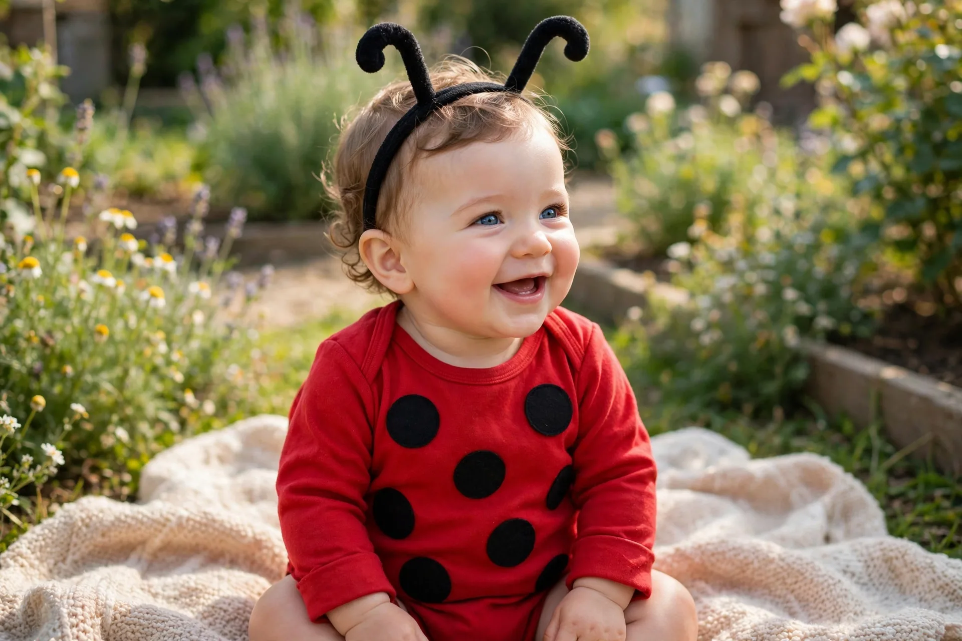 Baby dressed as a little ladybug costume with a red onesie, black felt dots and antennae headband, sitting on a soft blanket