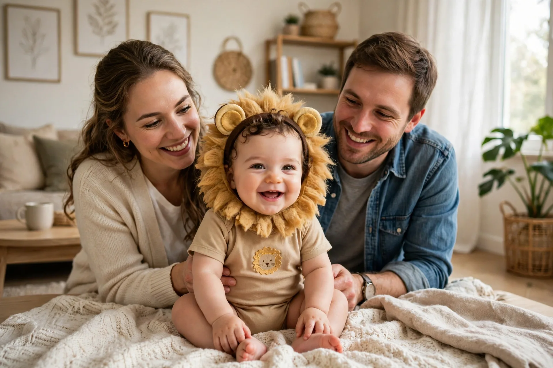 Baby dressed as a little lion costume with a tan onesie, golden felt mane ruff and little ears, sitting on a soft blanket