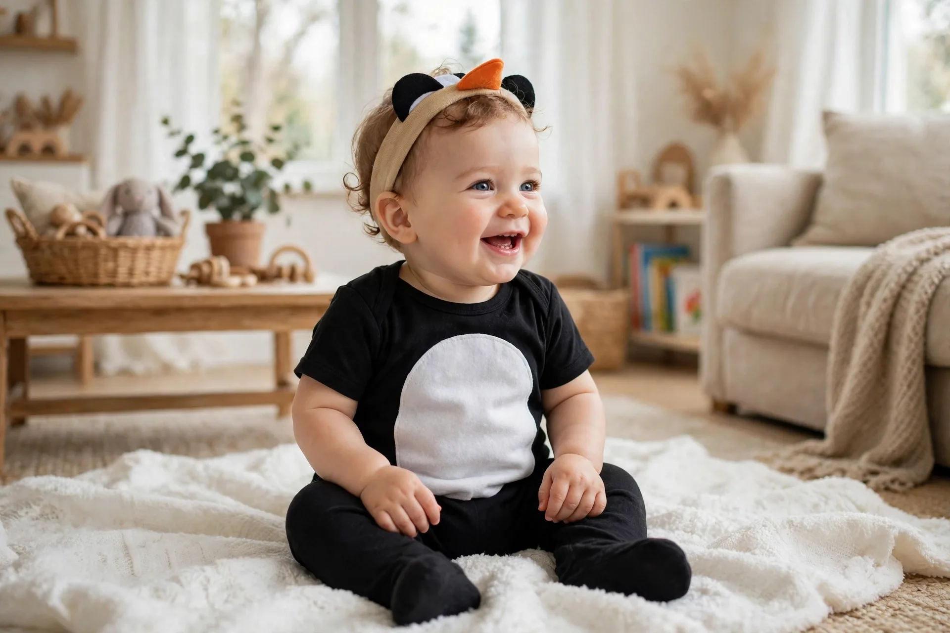 Baby dressed as a little penguin costume with a black onesie, white felt belly and orange beak headband, sitting on a soft white blanket