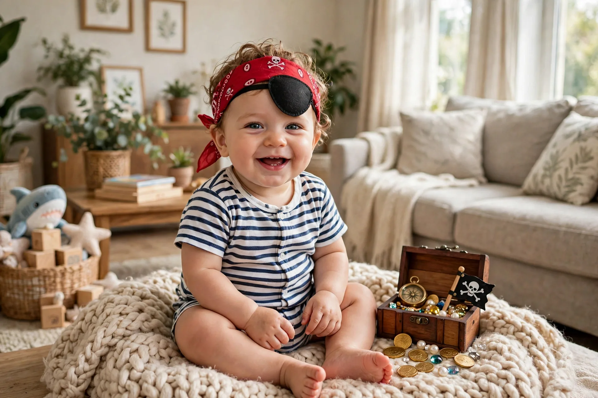 Baby dressed as a tiny pirate costume with a striped onesie, red bandana and eye patch on the forehead, sitting on a soft blanket