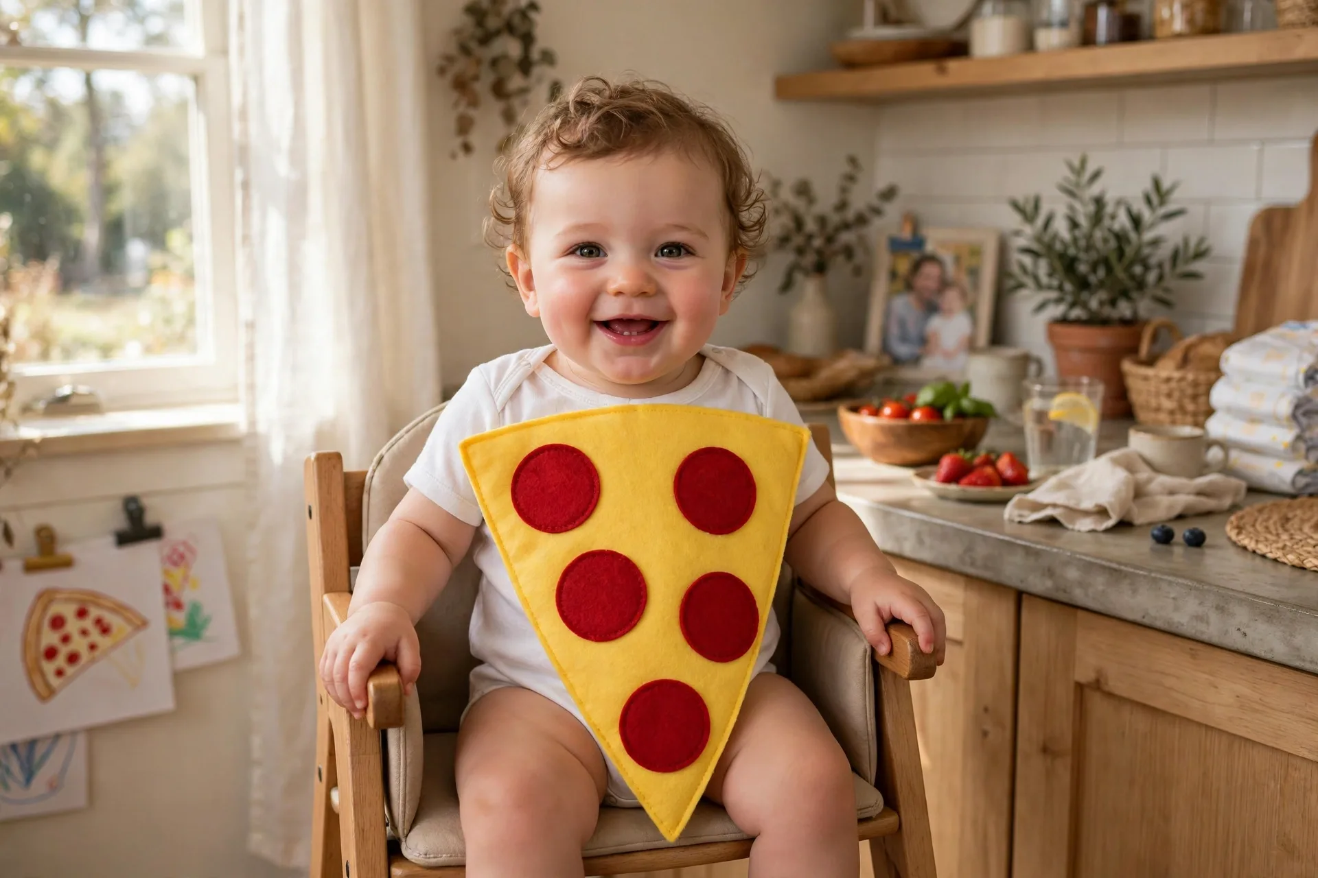 Baby dressed as a pizza slice costume with a white onesie, yellow felt triangle and red pepperoni circles, sitting in a high chair