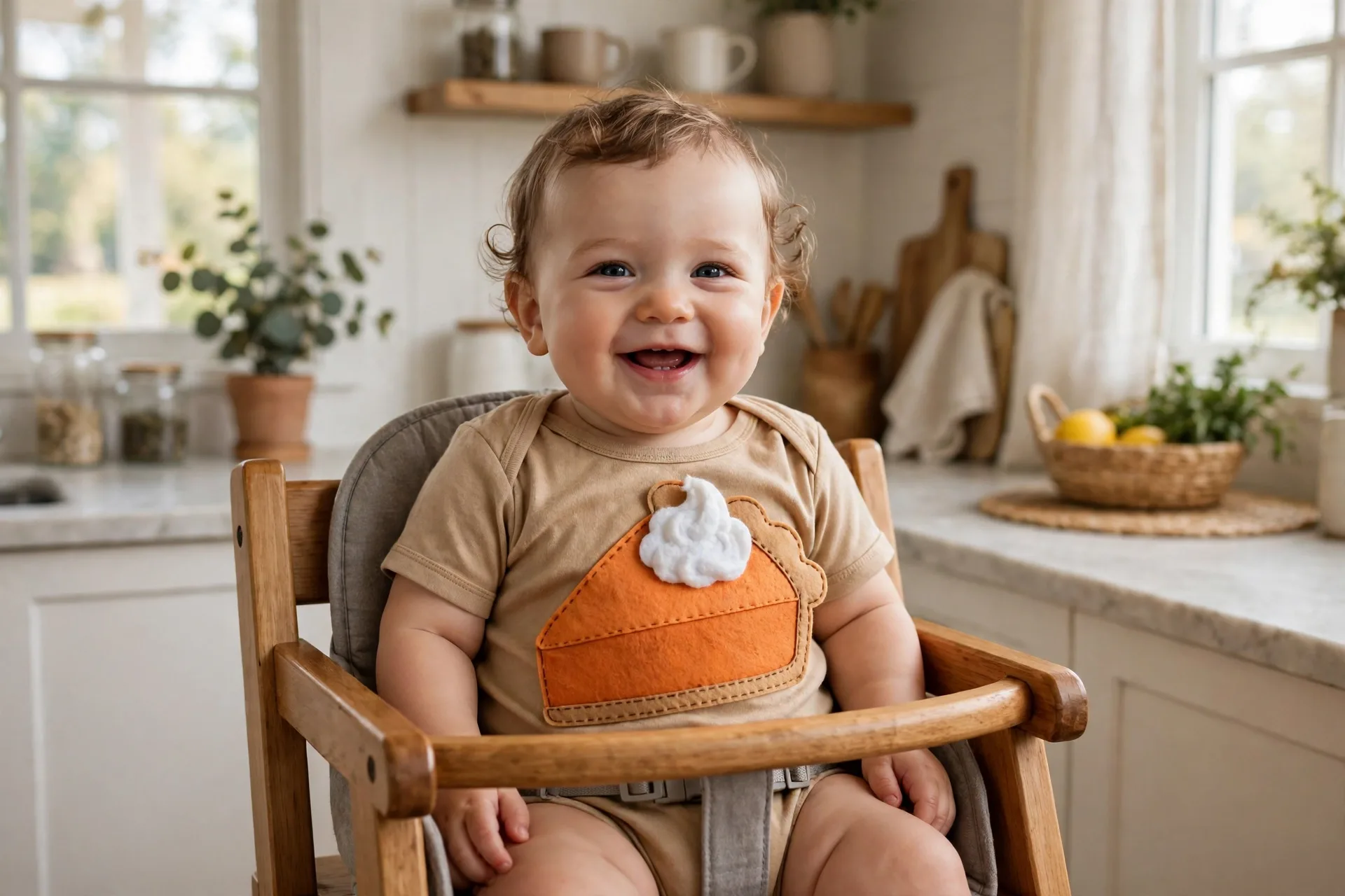 Baby dressed as a little pumpkin pie costume with a tan onesie and a big orange felt pie slice, sitting in a high chair