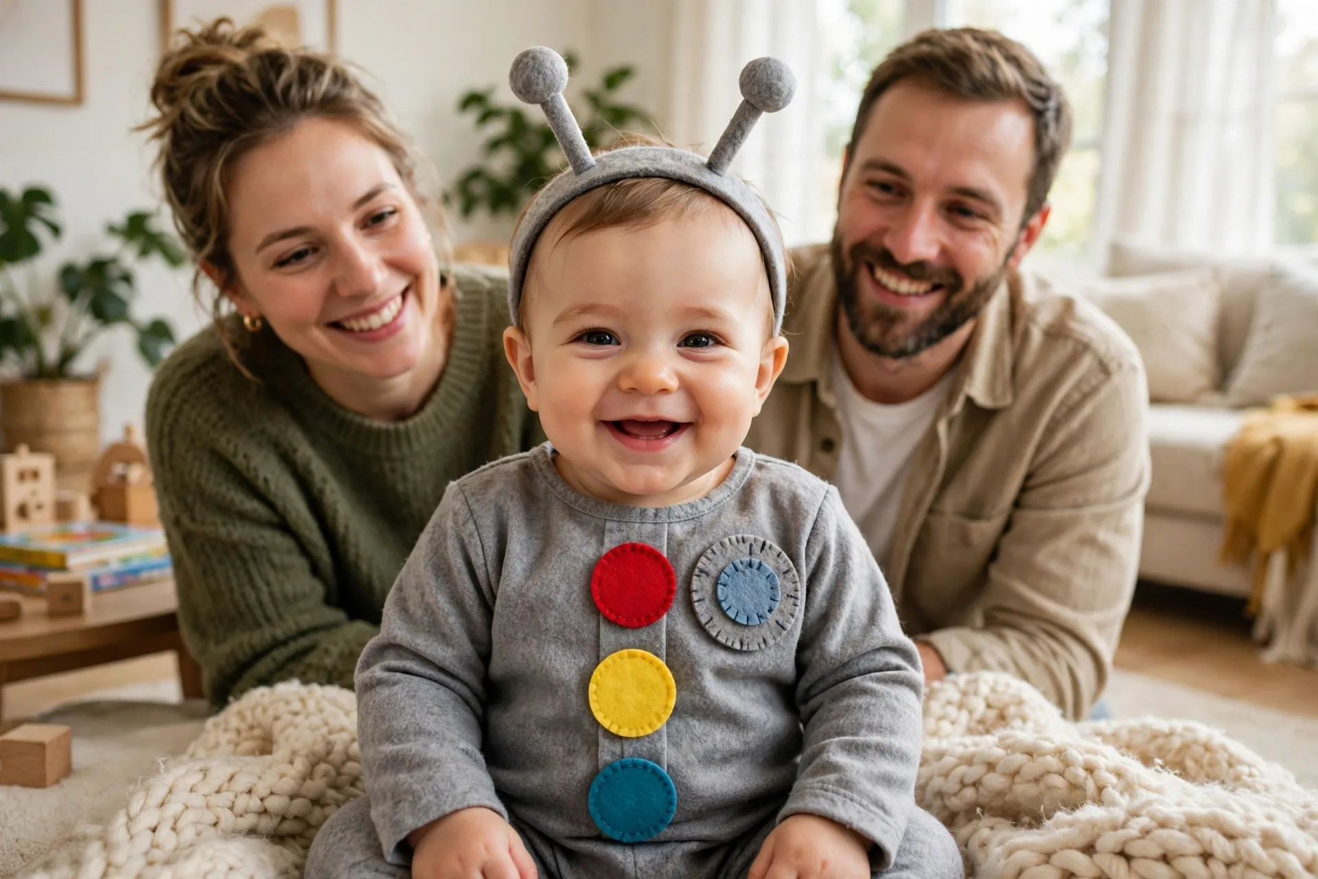 Baby dressed as a robot costume with a gray onesie, colorful felt buttons and a round dial, sitting on a soft blanket