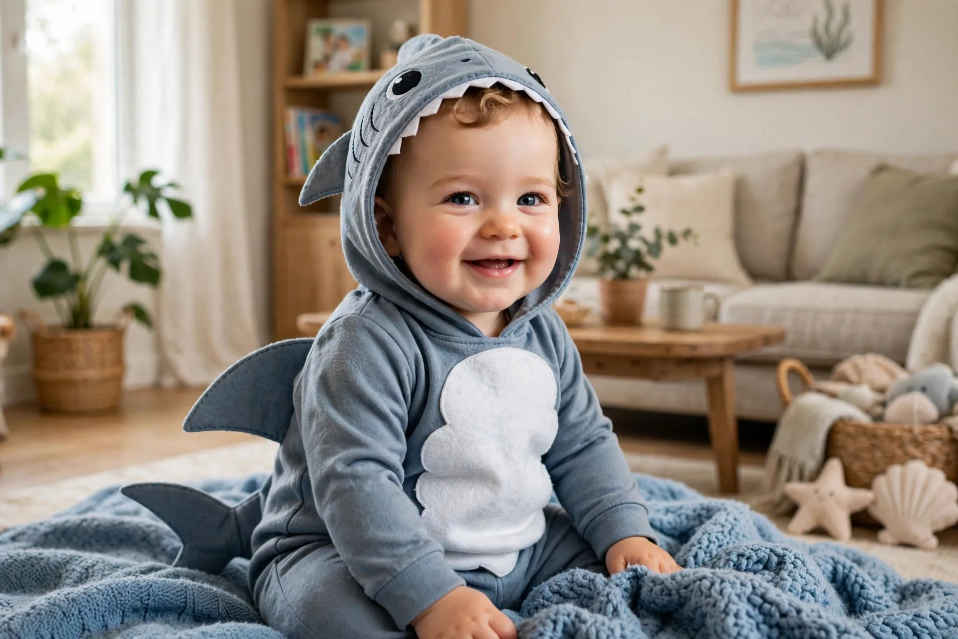 Baby dressed as a baby shark costume with a gray-blue onesie, white felt belly and dorsal fin, sitting on a soft blue blanket