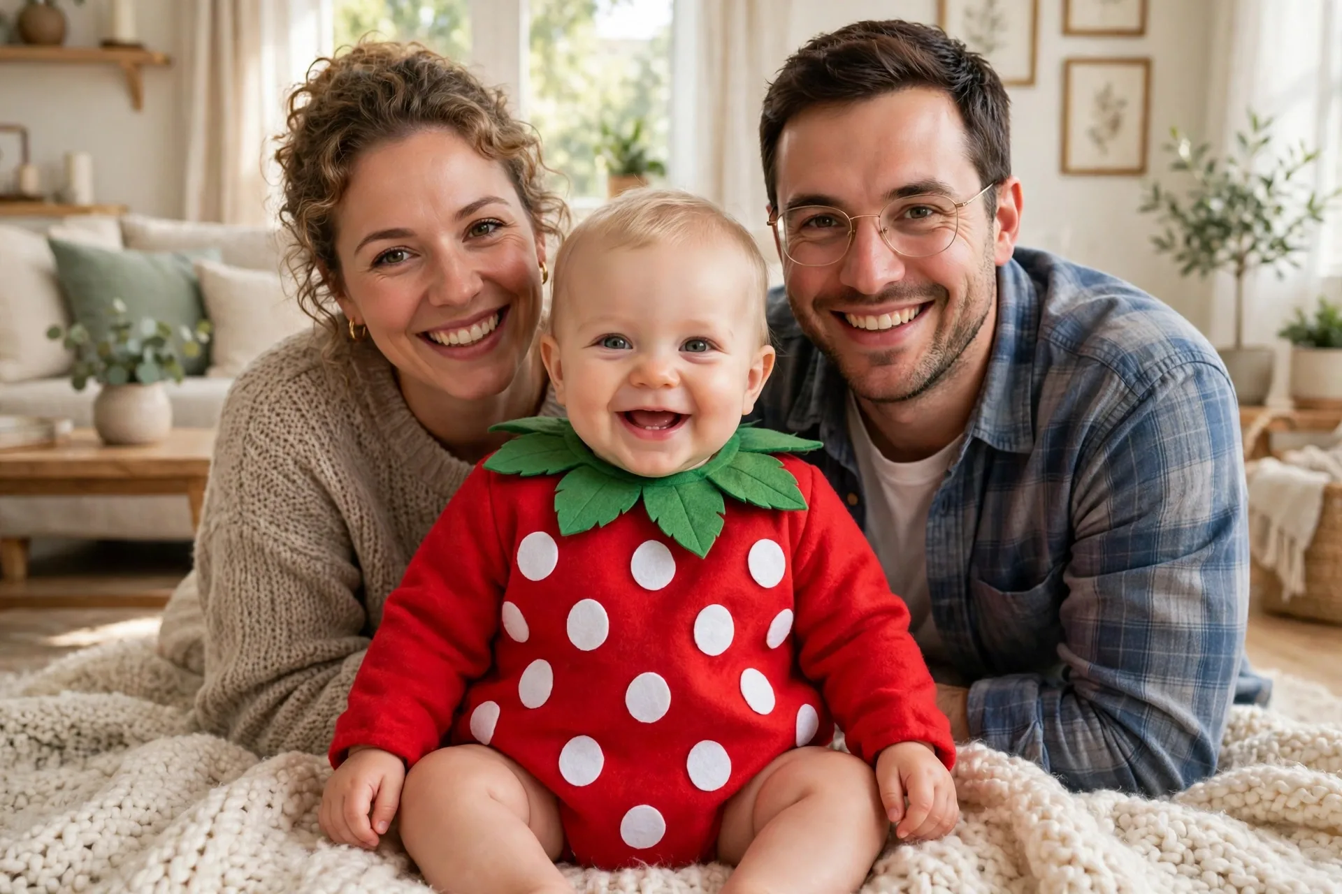 Baby dressed as a strawberry costume with a red onesie, white felt seed dots and a green leaf collar, sitting on a soft blanket
