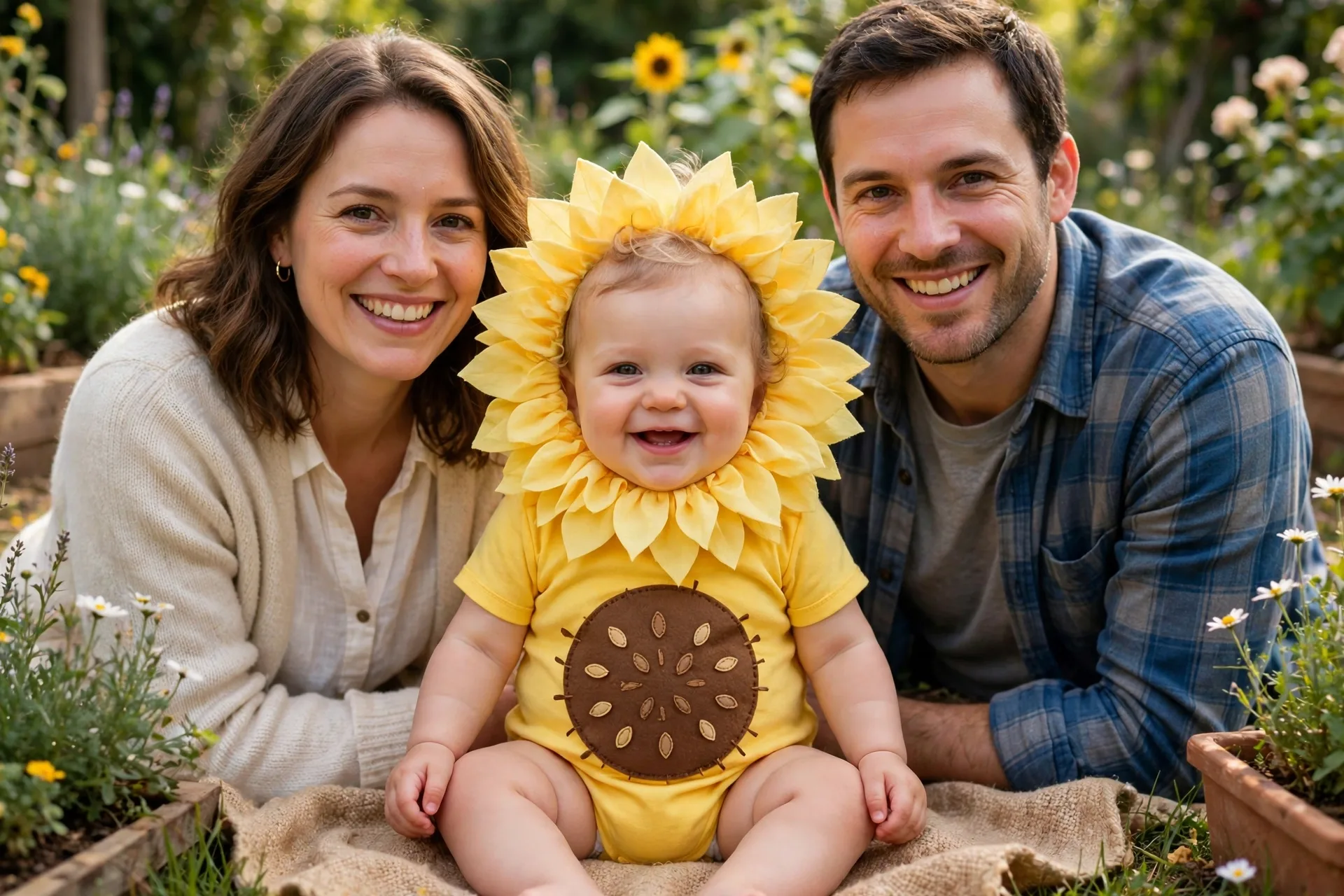 Baby dressed as a little sunflower costume with a yellow onesie, brown felt center circle and petal ruff, sitting in a sunny garden