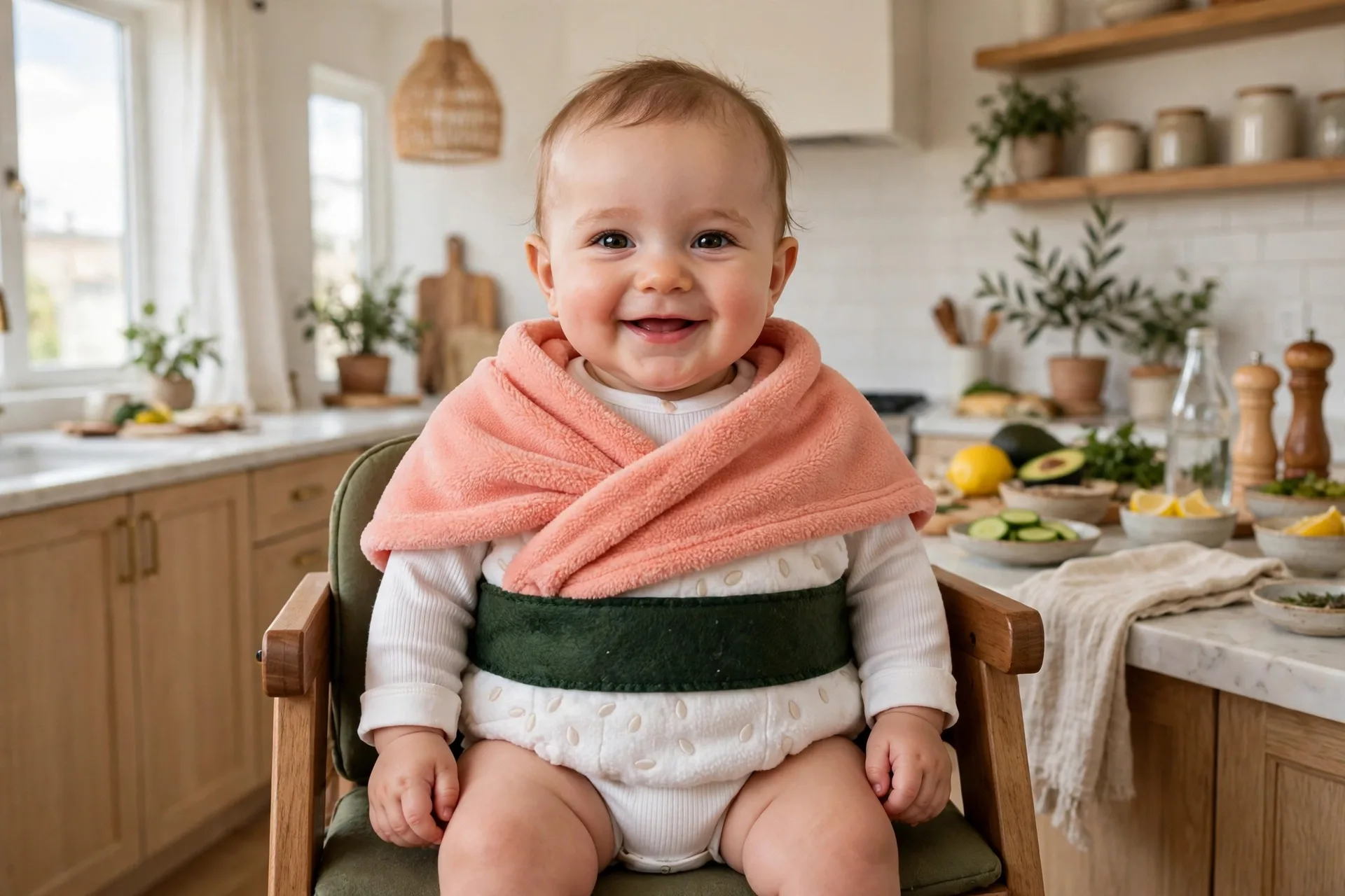 Baby dressed as a sushi nigiri costume with a salmon-pink fleece wrap and dark green nori band, sitting in a high chair