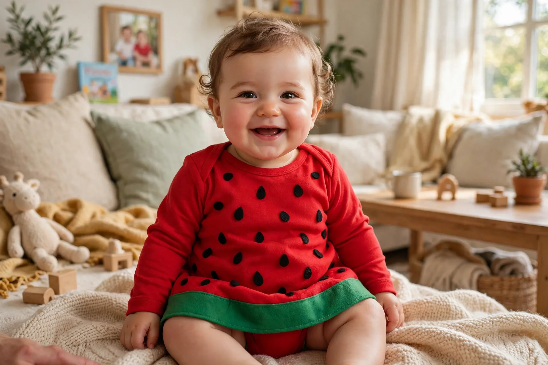 Baby dressed as a watermelon slice costume with a red onesie, black felt seeds and green rind band, sitting on a soft blanket