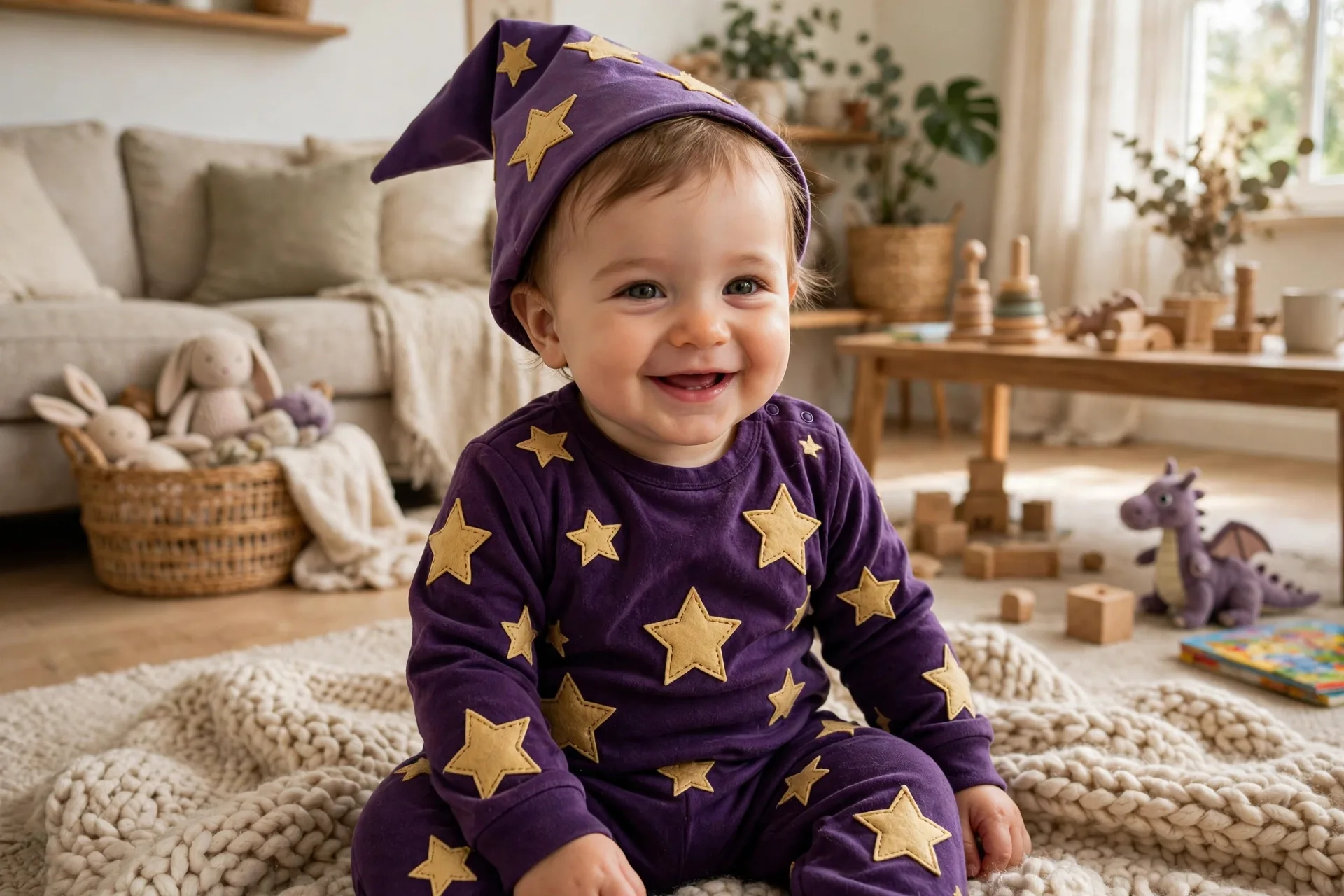 Baby dressed as a little wizard costume with a deep purple onesie, gold felt stars and soft wizard hat, sitting on a soft blanket