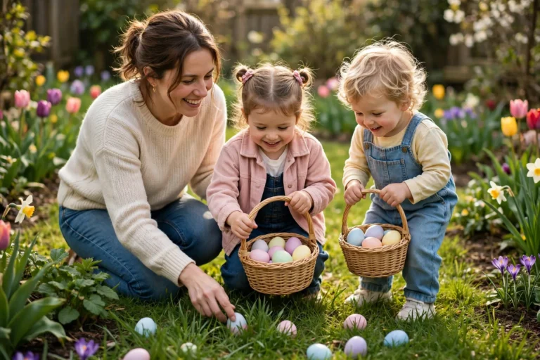 Mom helping her two young kids hunt for pastel Easter eggs in a sunny spring garden with baskets