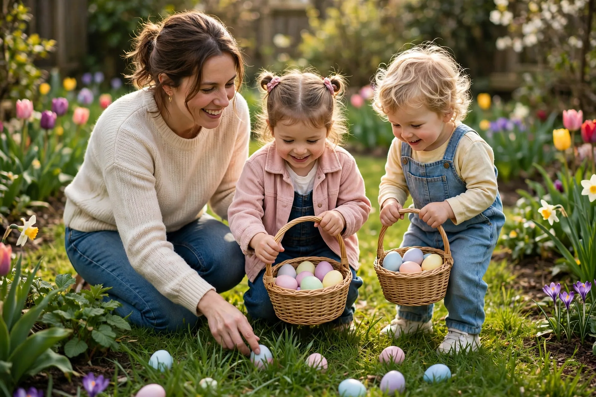 Mom helping her two young kids hunt for pastel Easter eggs in a sunny spring garden with baskets