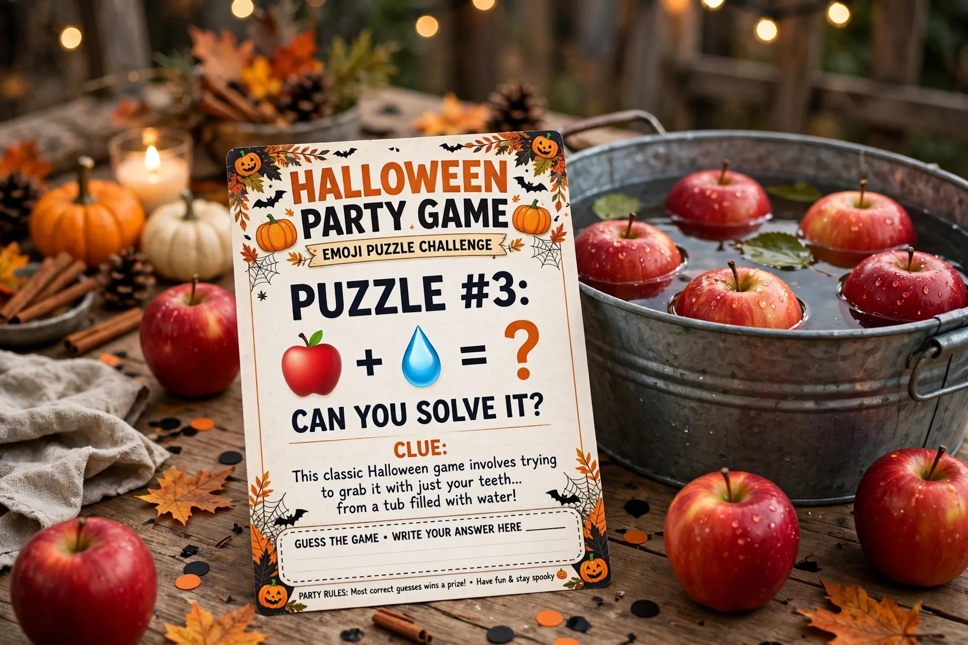 Halloween emoji puzzle party card showing an apple and water drops for bobbing for apples