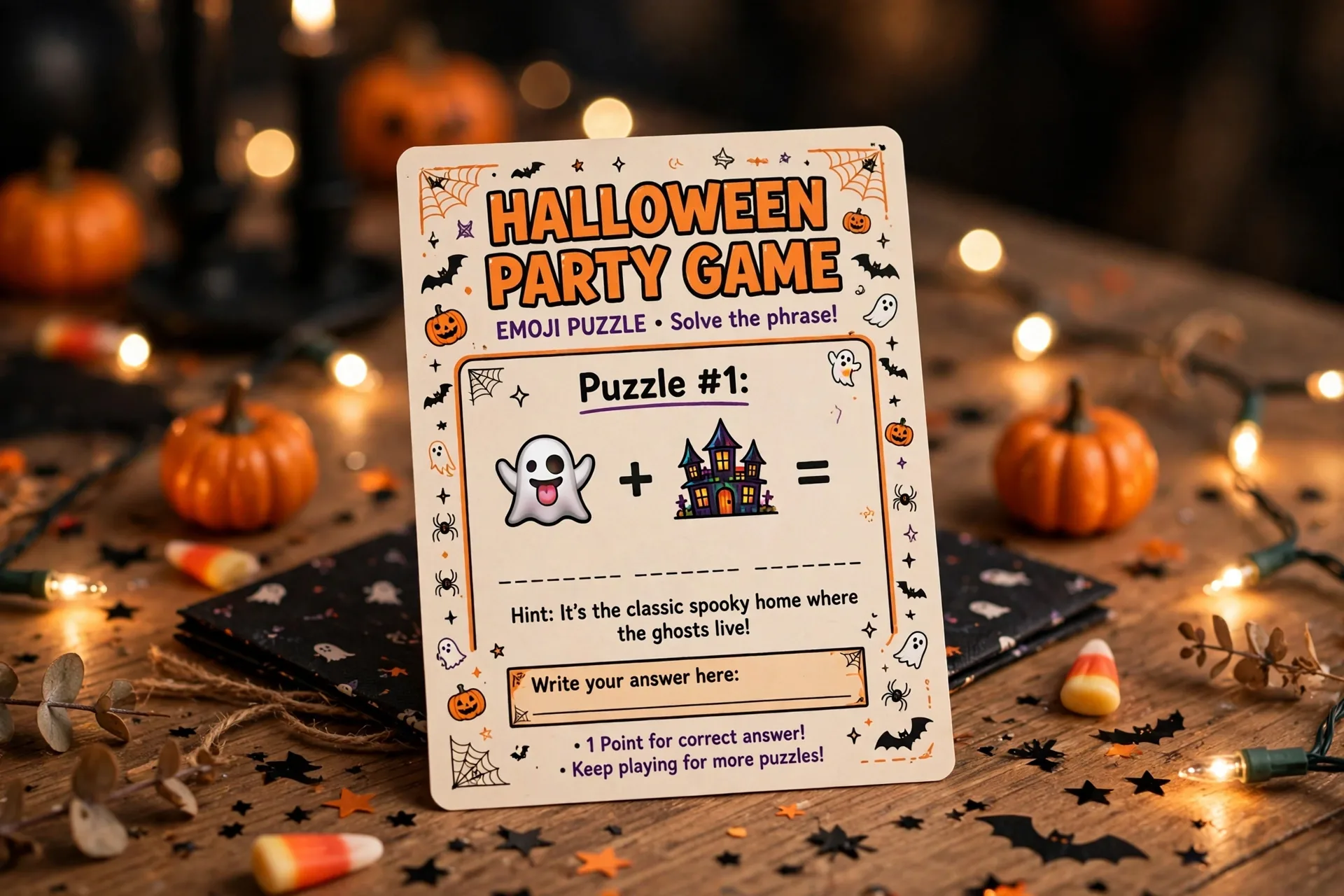 Halloween emoji puzzle party card showing a friendly ghost and a haunted house