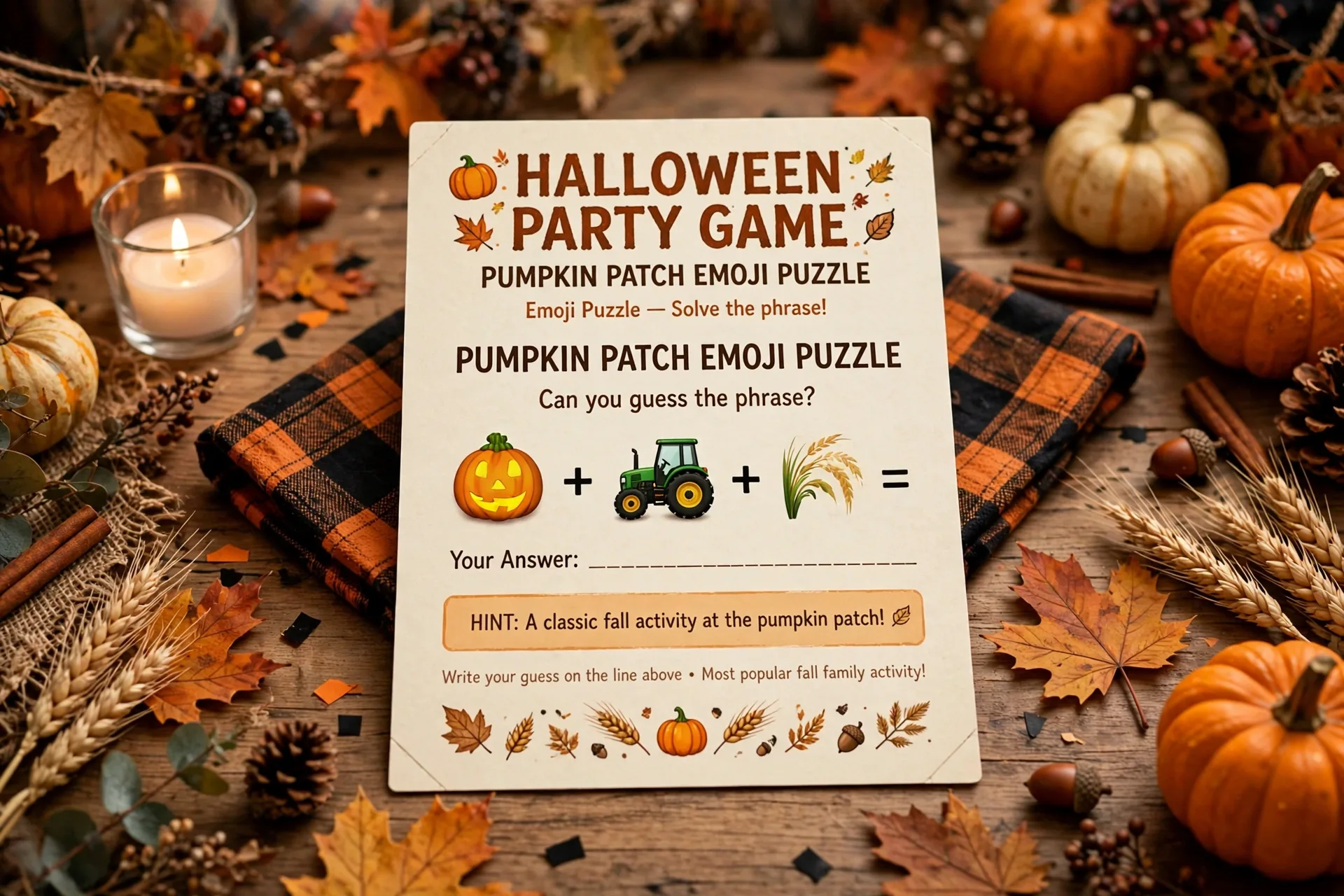 Halloween emoji puzzle party card showing a pumpkin, tractor and wheat