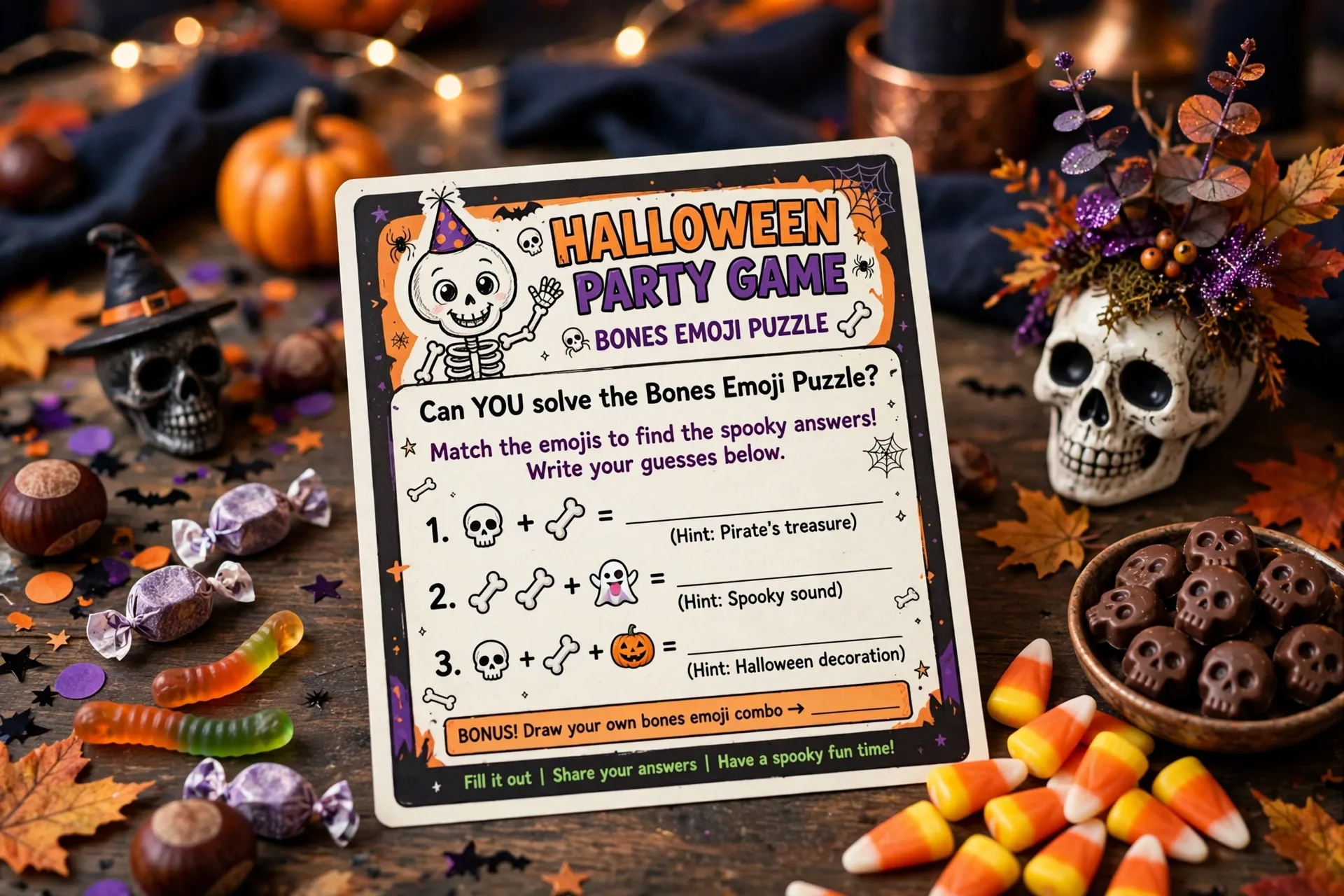 Halloween emoji puzzle party card showing a friendly skeleton and bones