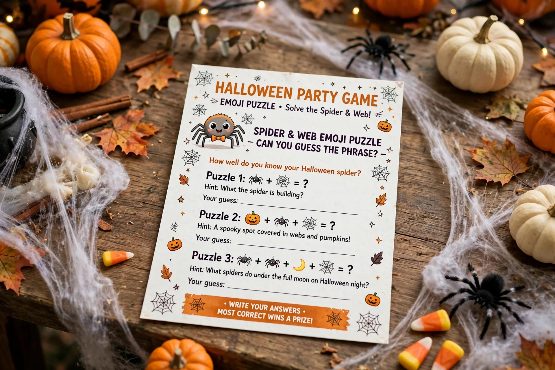 Halloween emoji puzzle party card showing a friendly spider and web