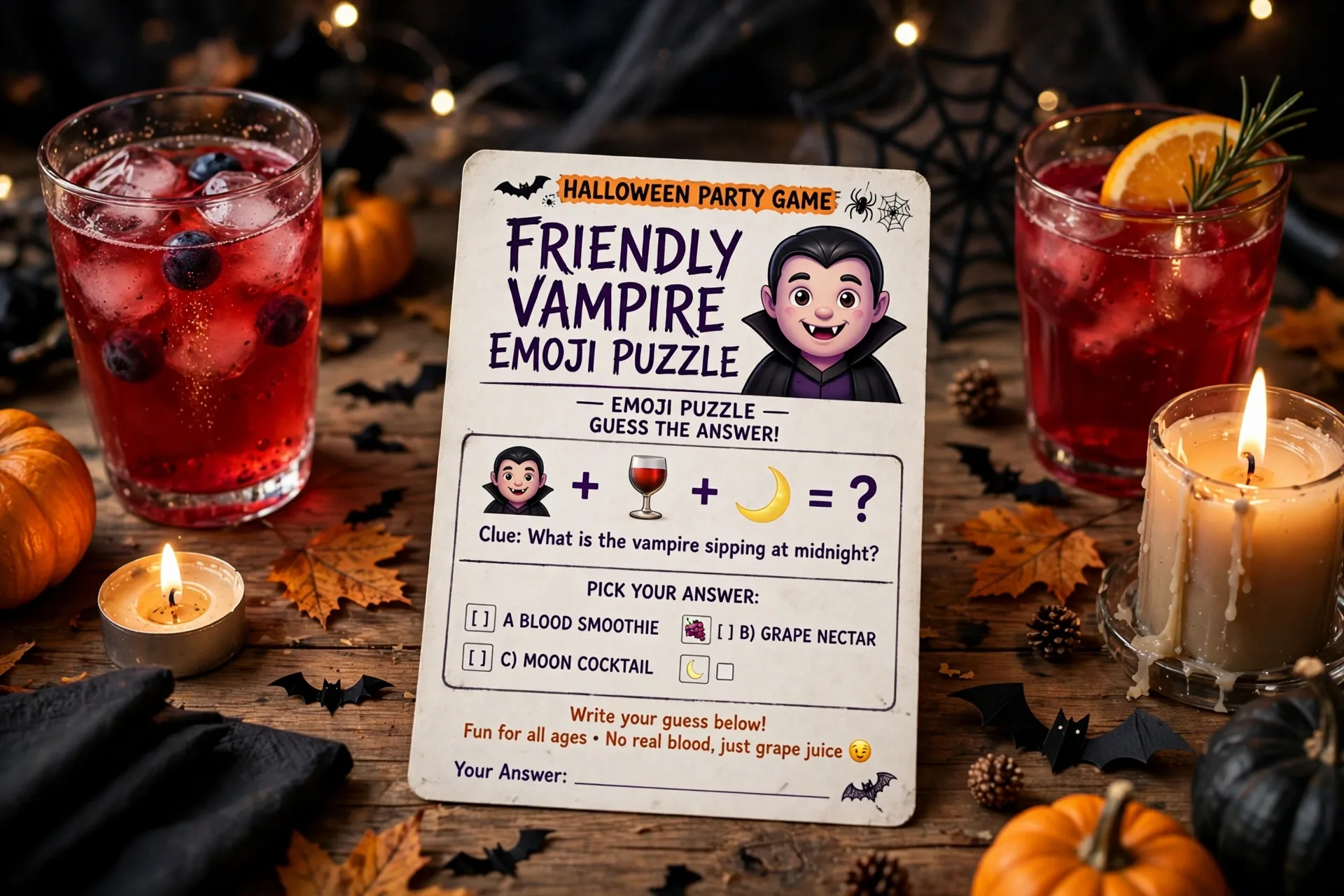 Halloween emoji puzzle party card showing a friendly vampire and a glass of red juice