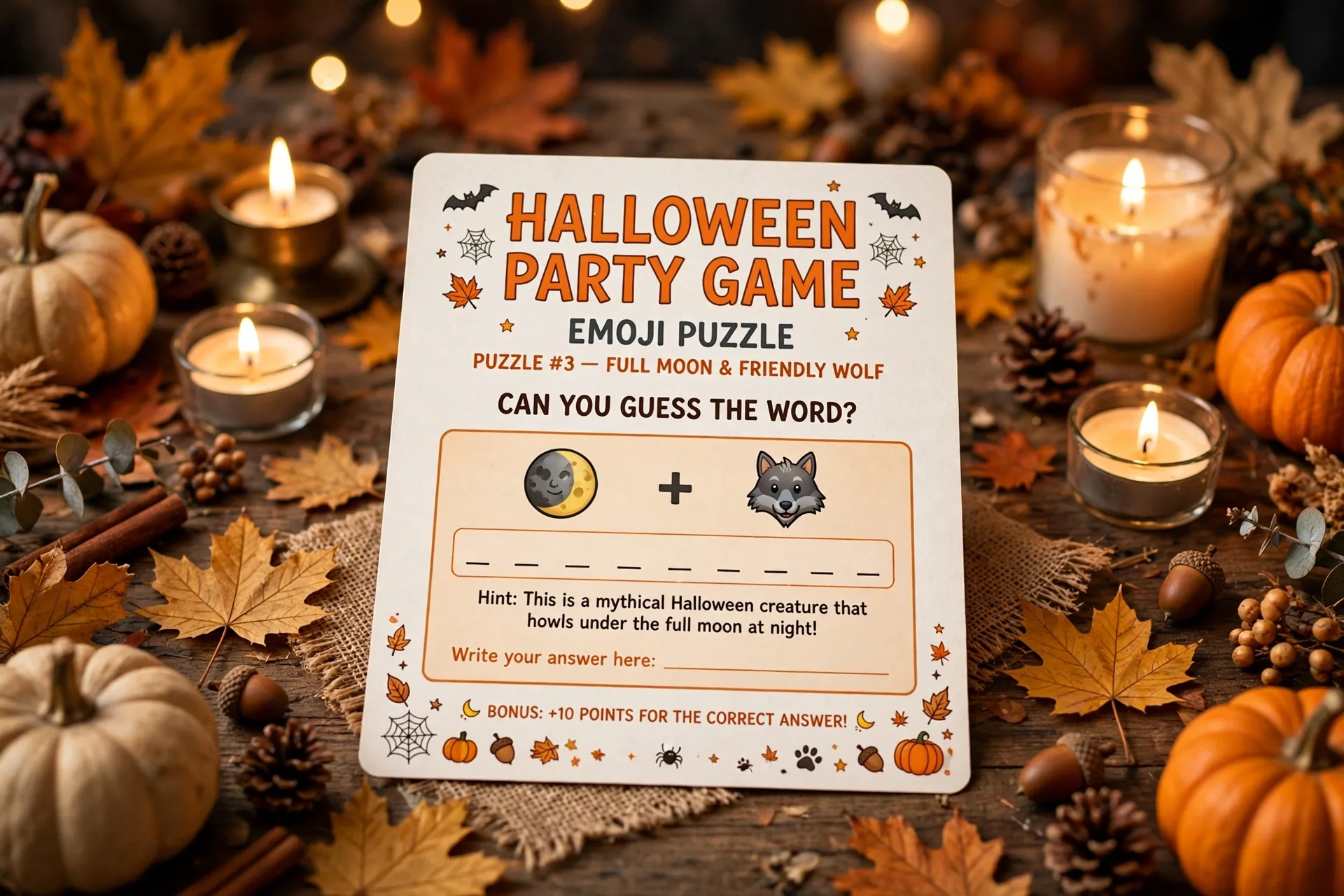 Halloween emoji puzzle party card showing a full moon and a friendly wolf