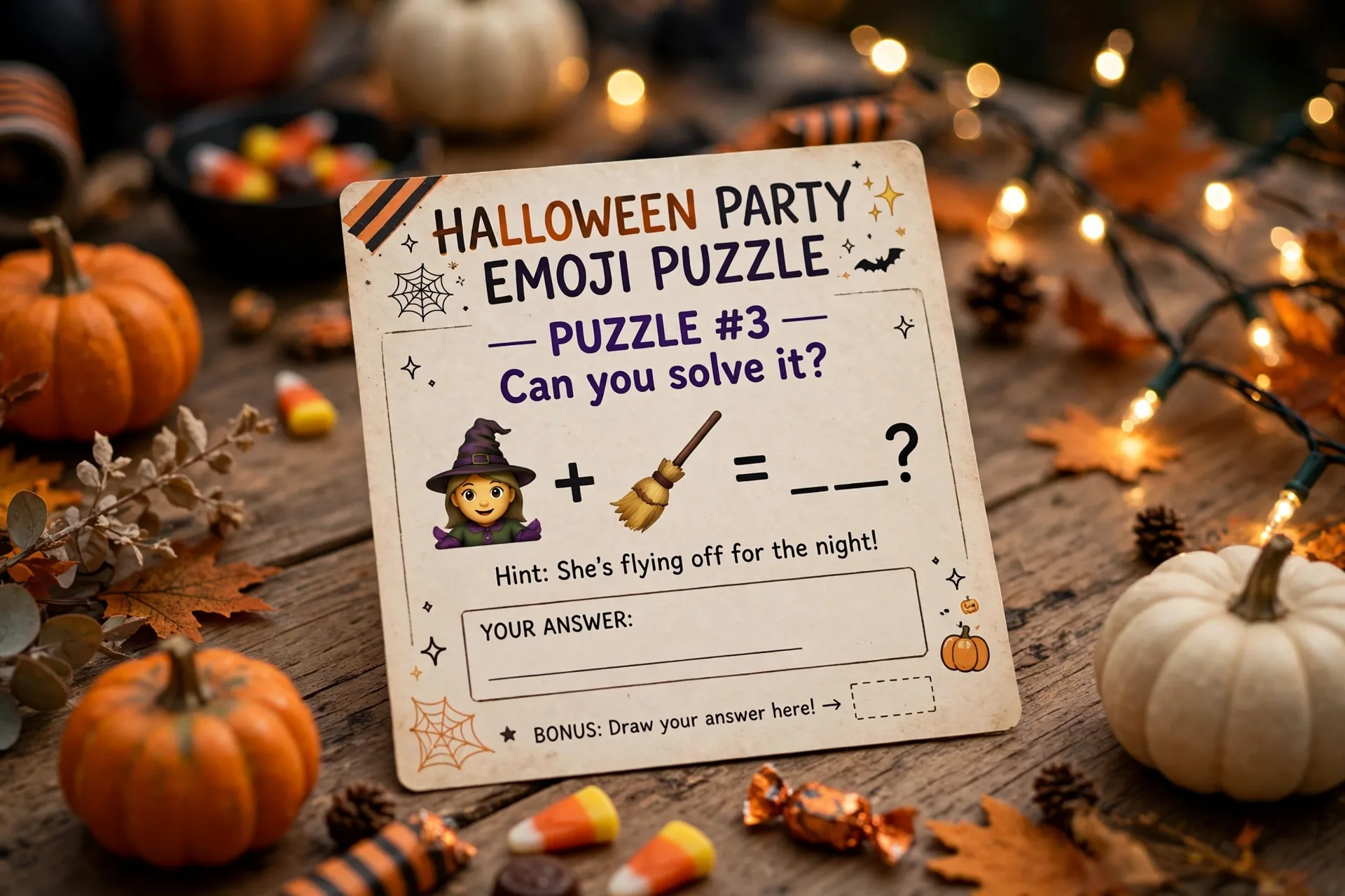 Halloween emoji puzzle party card showing a witch and broomstick