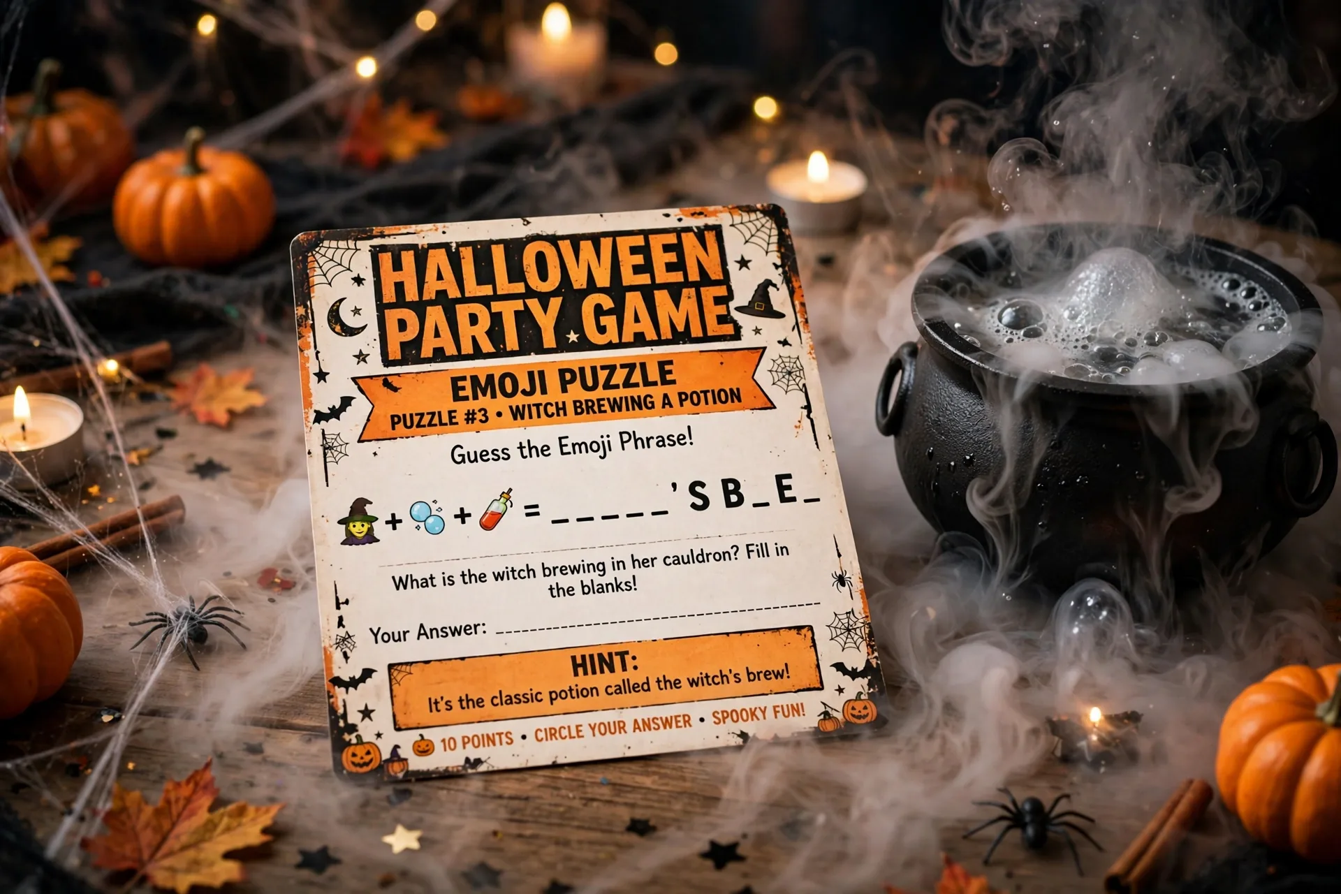 Halloween emoji puzzle party card showing a witch, fire and a bubbling cauldron