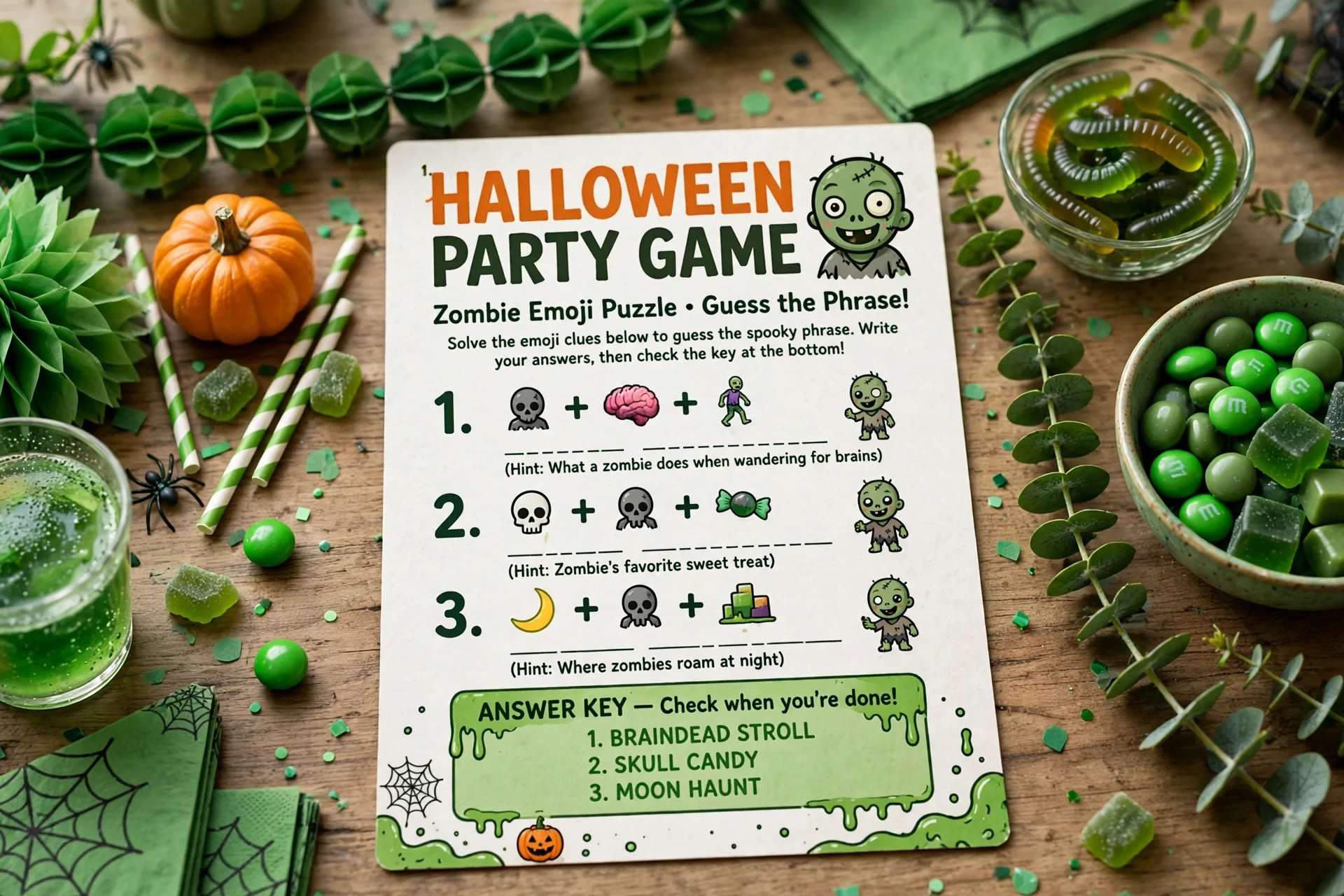 Halloween emoji puzzle party card showing a friendly zombie and a brain