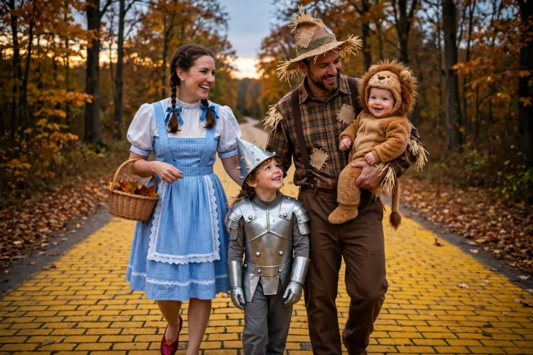 Family of four in Wizard of Oz Halloween costumes walking down a yellow brick road at dusk