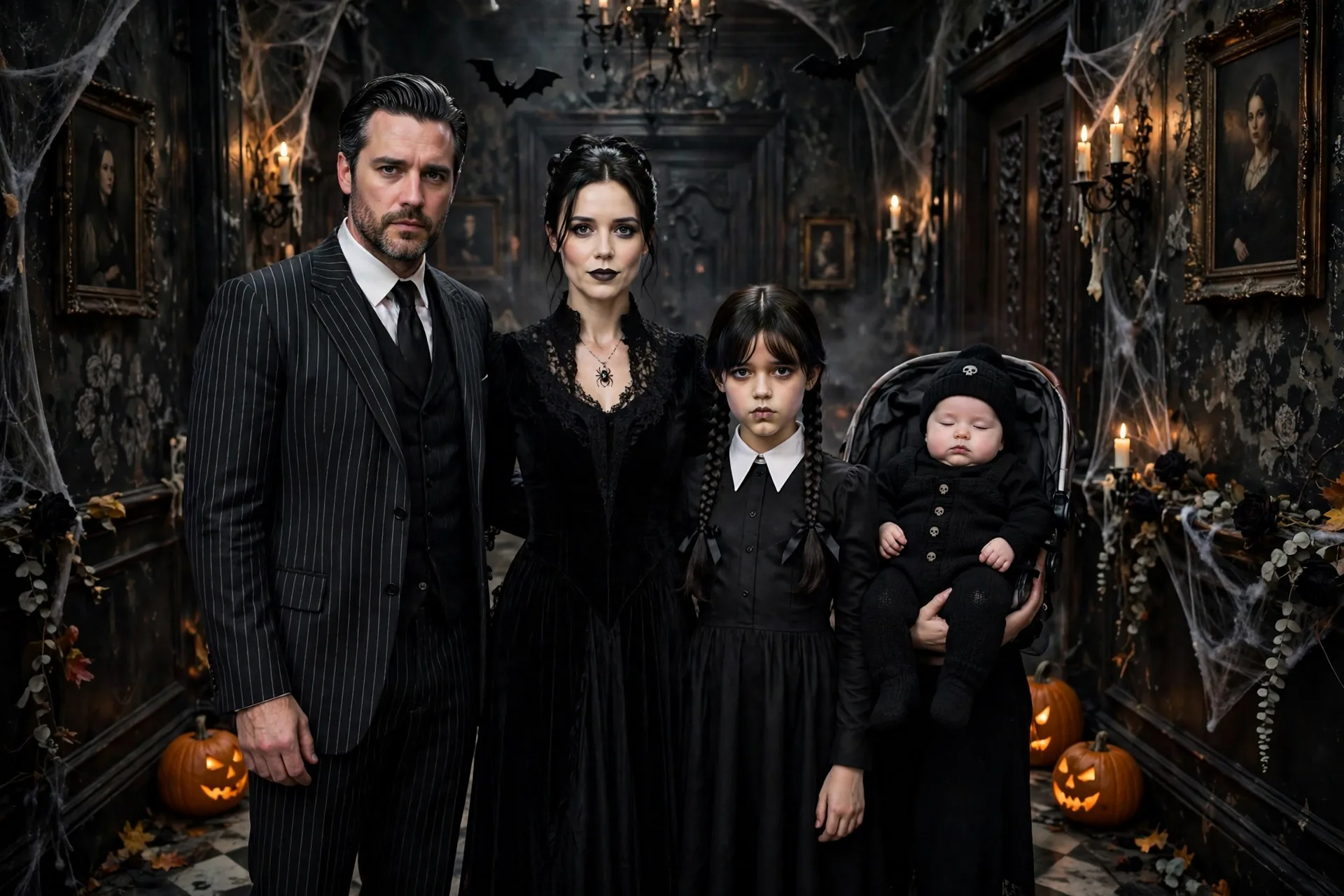 A family of four in Addams Family Halloween costumes with a baby dressed as Pugsley