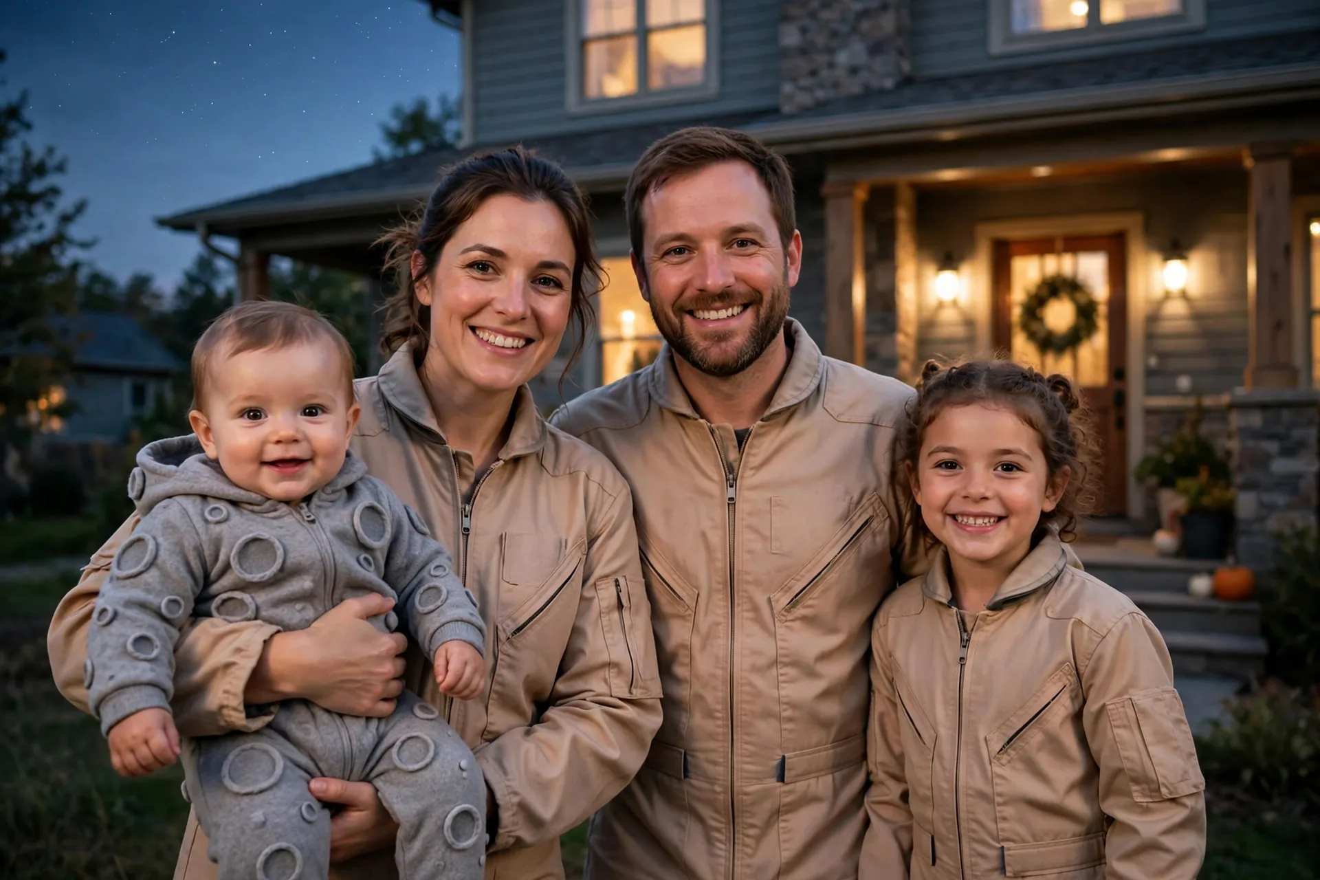 Family of four in astronaut flight suits with a baby in a gray moon onesie in front of their house at dusk