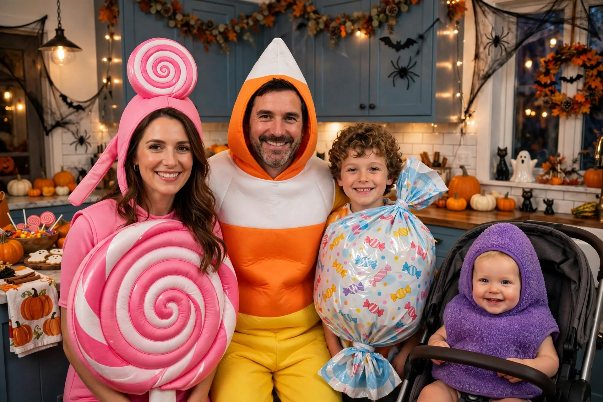 A family of four in candy Halloween costumes with a baby dressed as a gumdrop