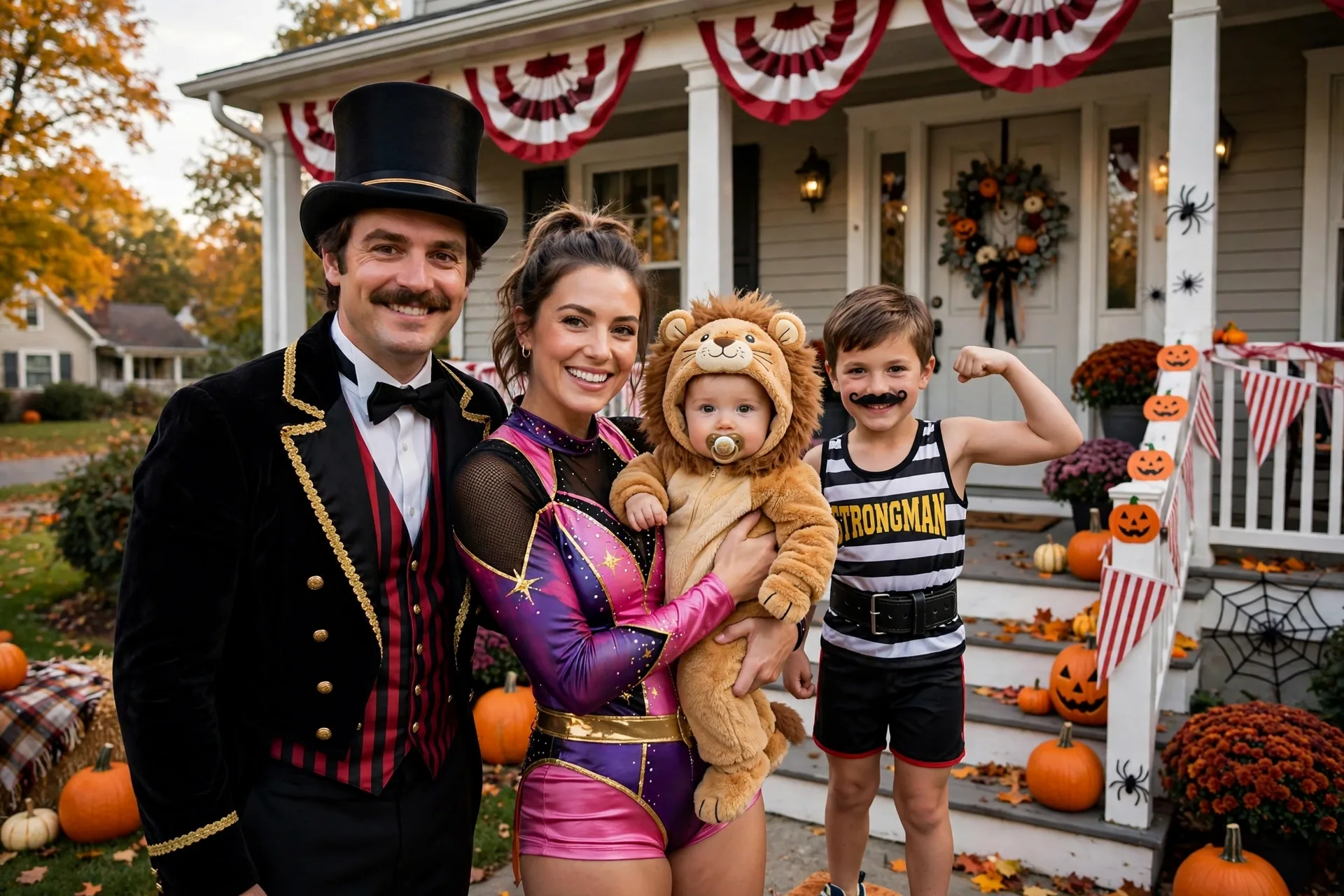 A family of four in circus Halloween costumes with a baby dressed as a lion