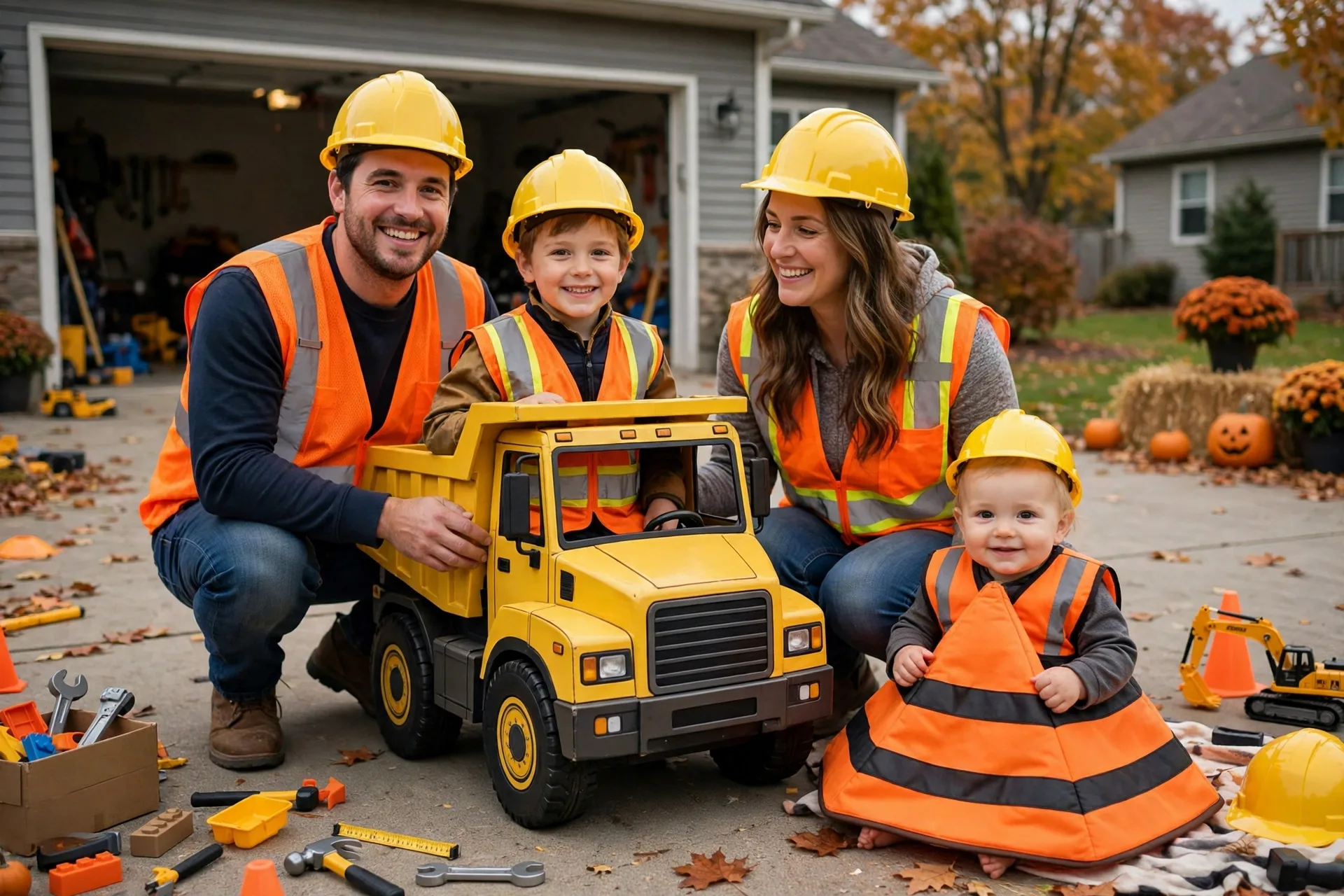 A family of four in construction worker Halloween costumes with a baby dressed as a traffic cone