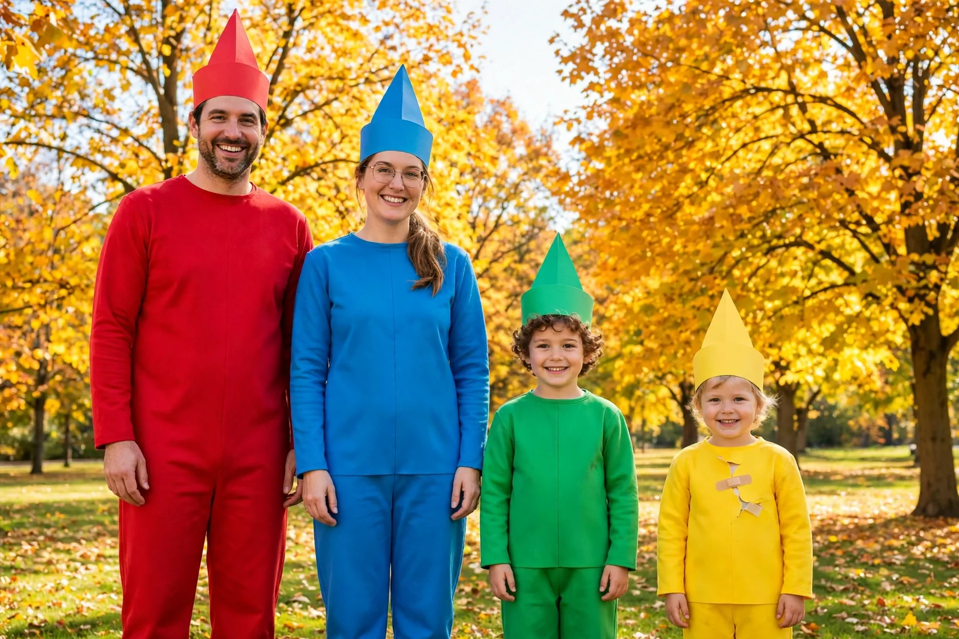 Family of four in crayon costumes lined up tallest to shortest in front of autumn trees