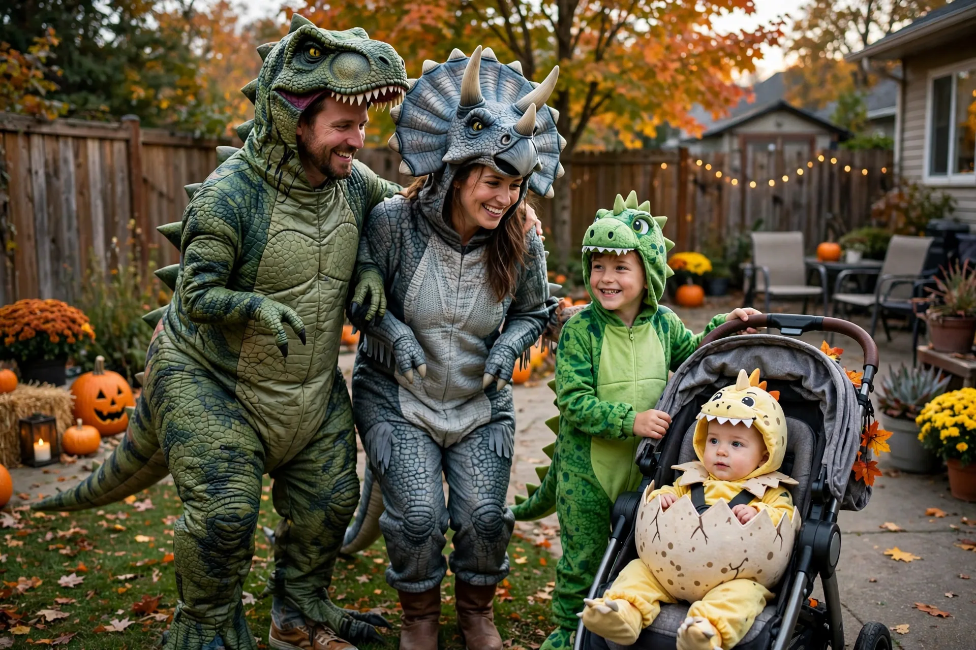 A family of four in dinosaur Halloween costumes with a baby dressed as a hatching dino egg