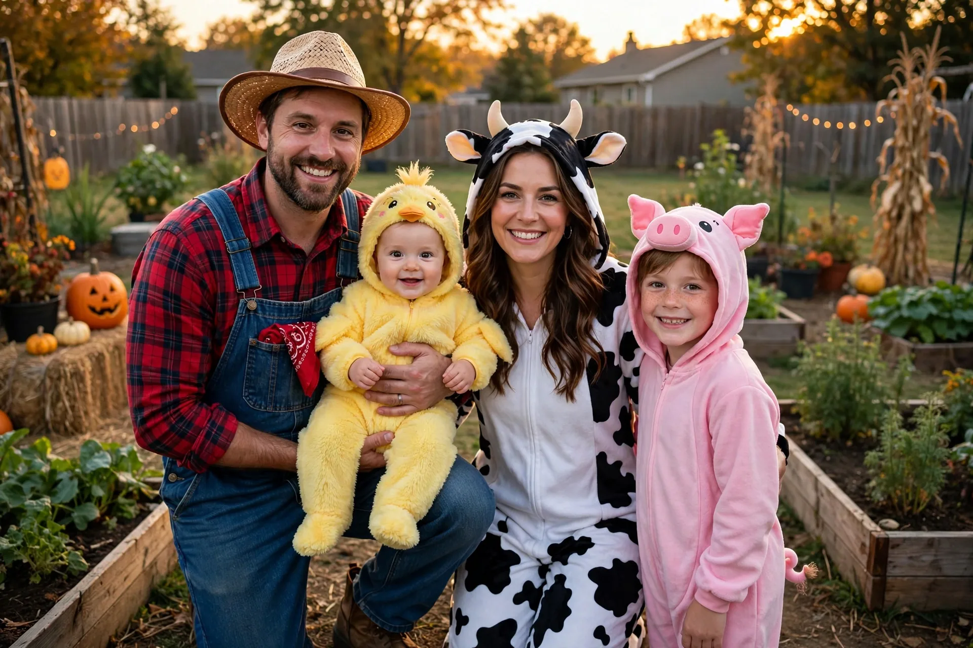 A family of four in farm Halloween costumes with a baby dressed as a yellow chick