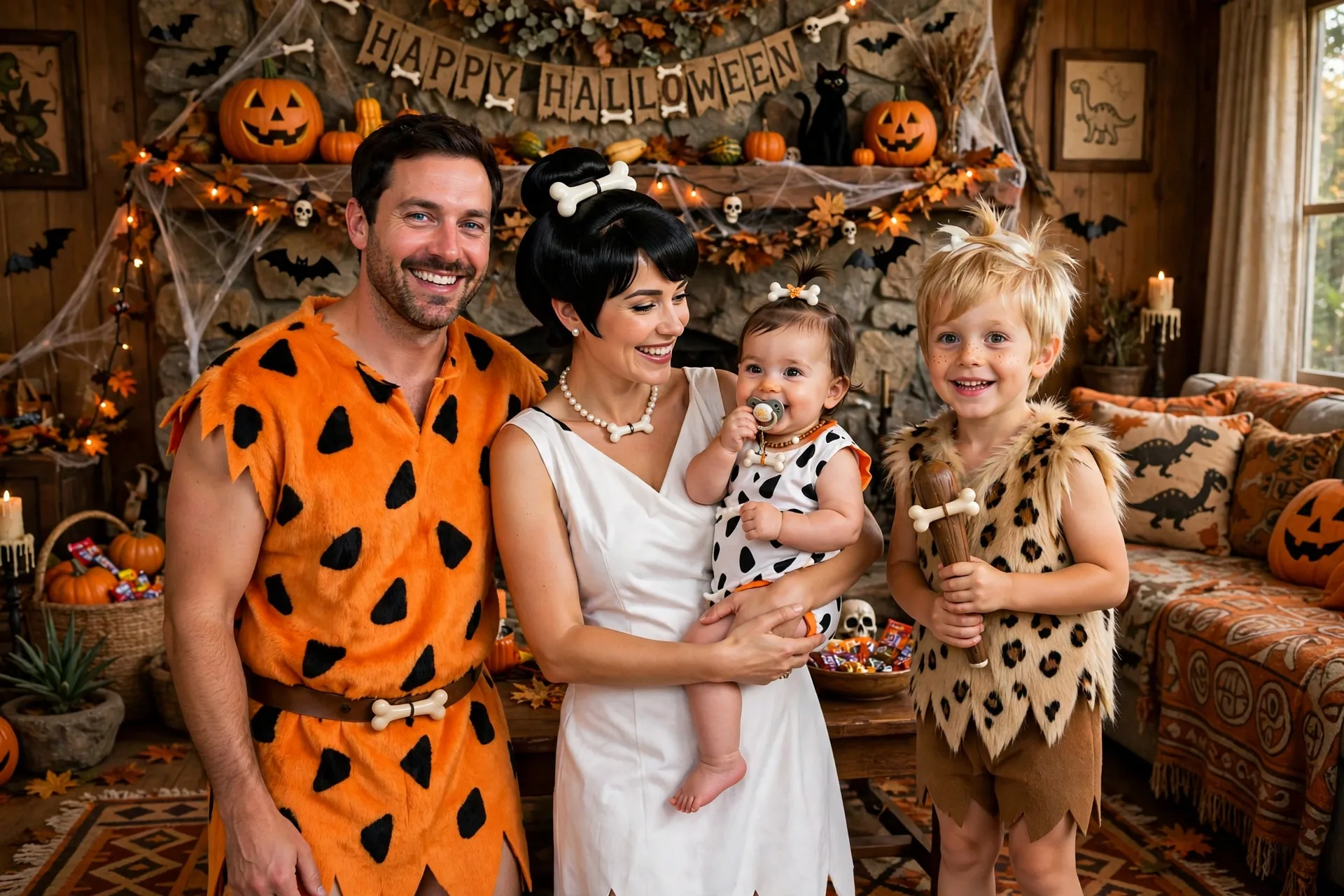 A family of four in Flintstones Halloween costumes with a baby dressed as Pebbles