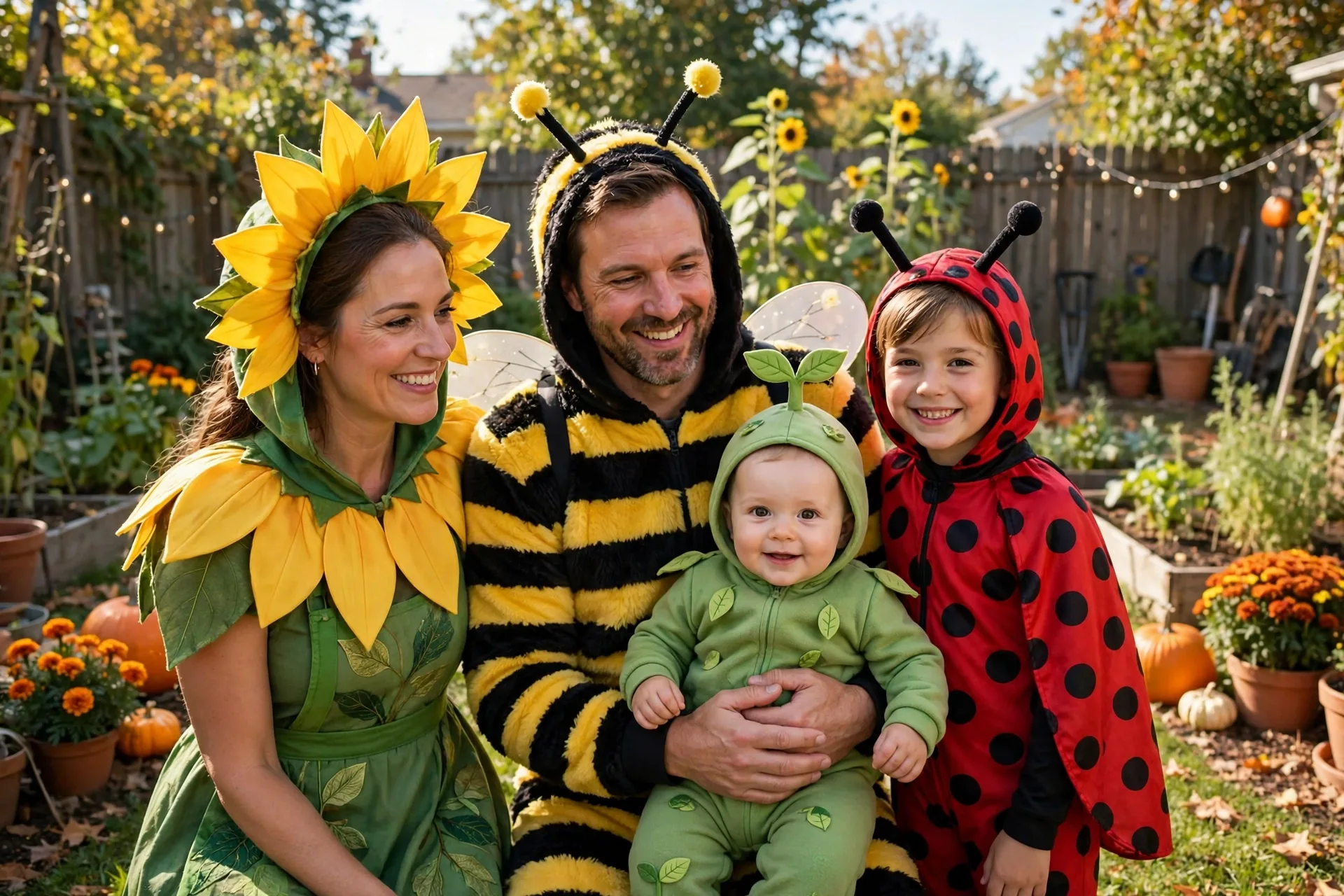A family of four in garden Halloween costumes with a baby dressed as a little green sprout