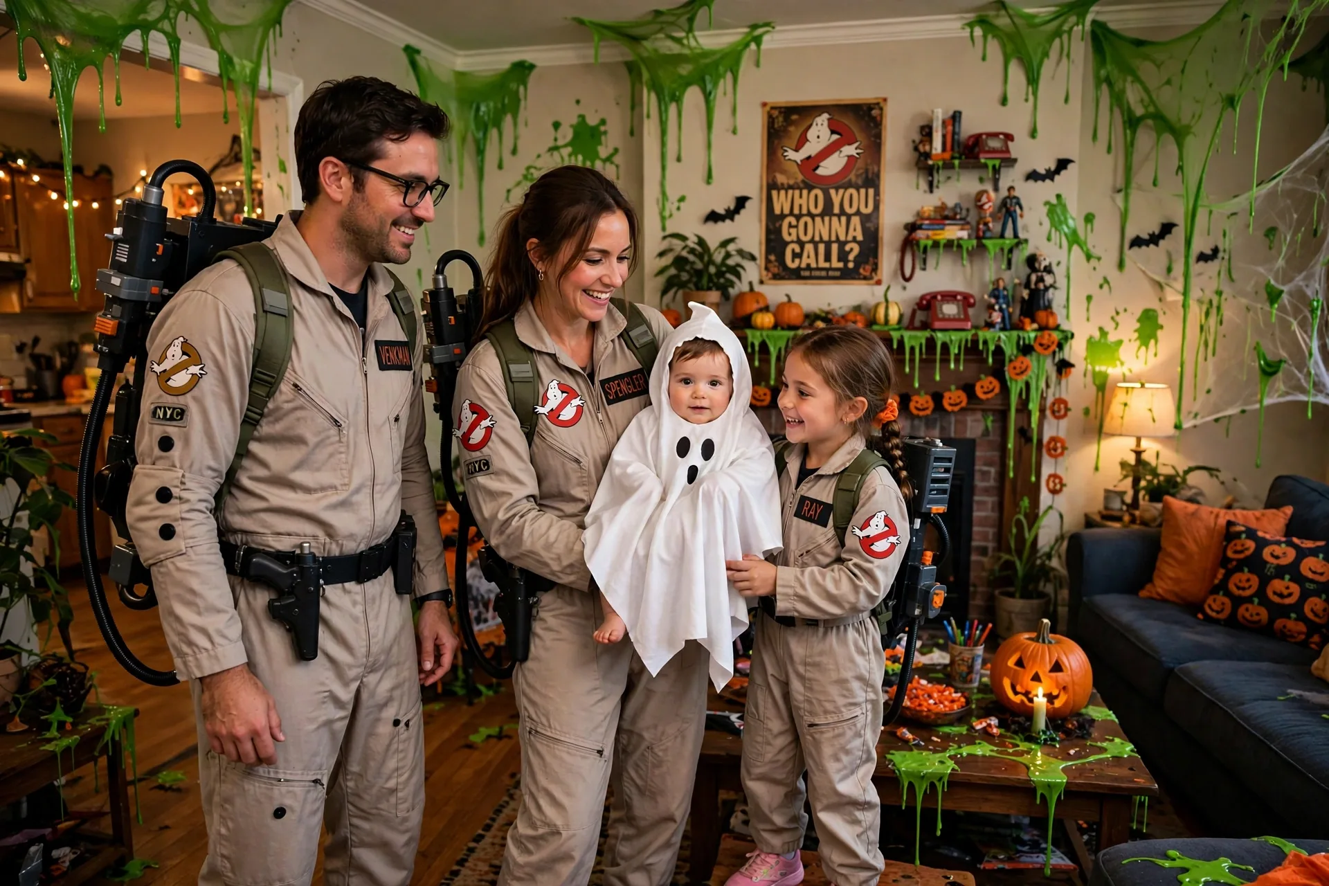 A family of four in Ghostbusters Halloween costumes with a baby dressed as Slimer