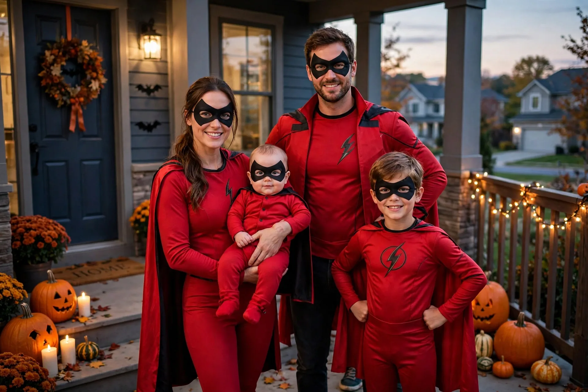 A family of four in red superhero Halloween costumes with black masks and a baby in a red Jack-Jack onesie