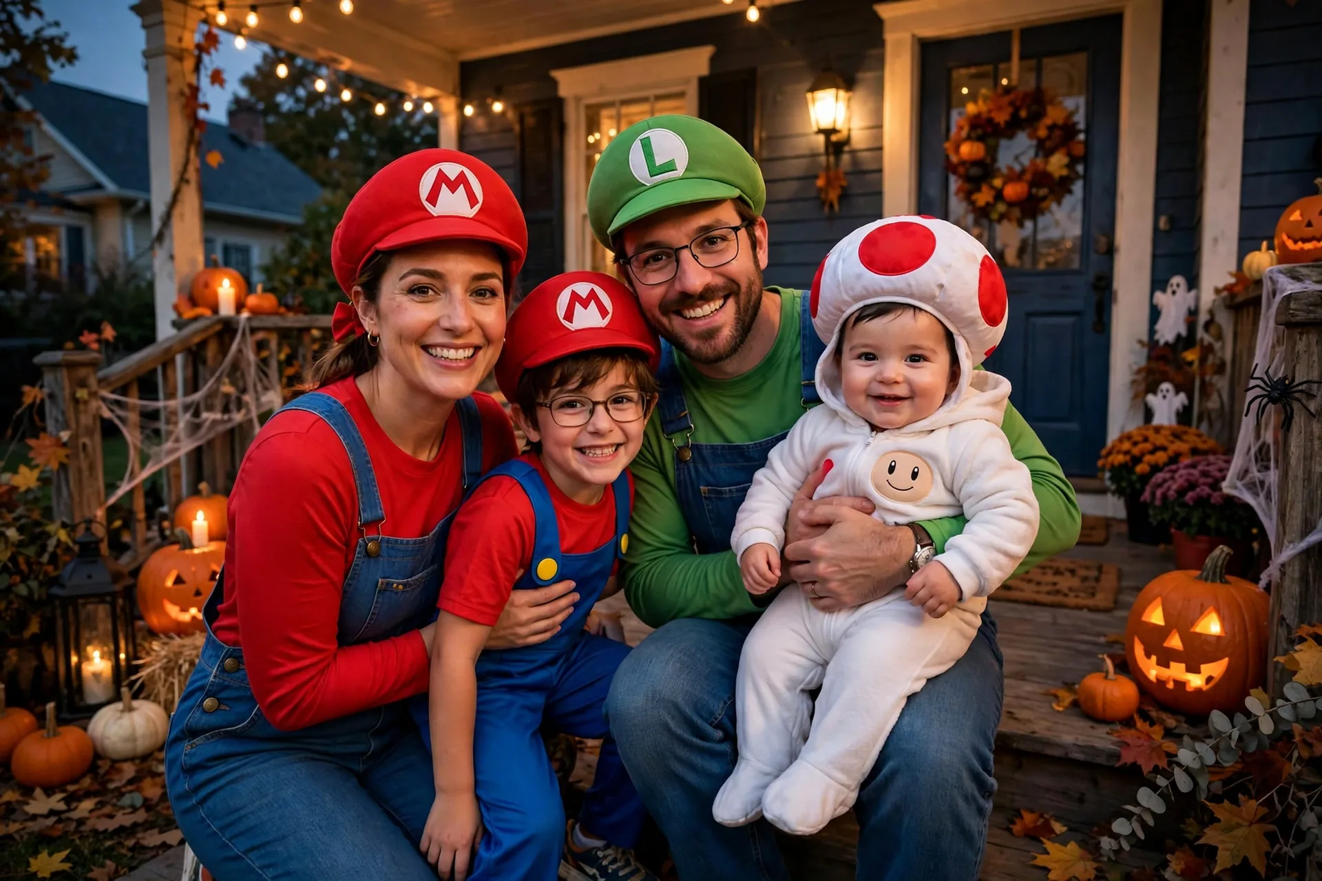 Family of four in Super Mario costumes with a baby dressed as Toad on a porch at dusk
