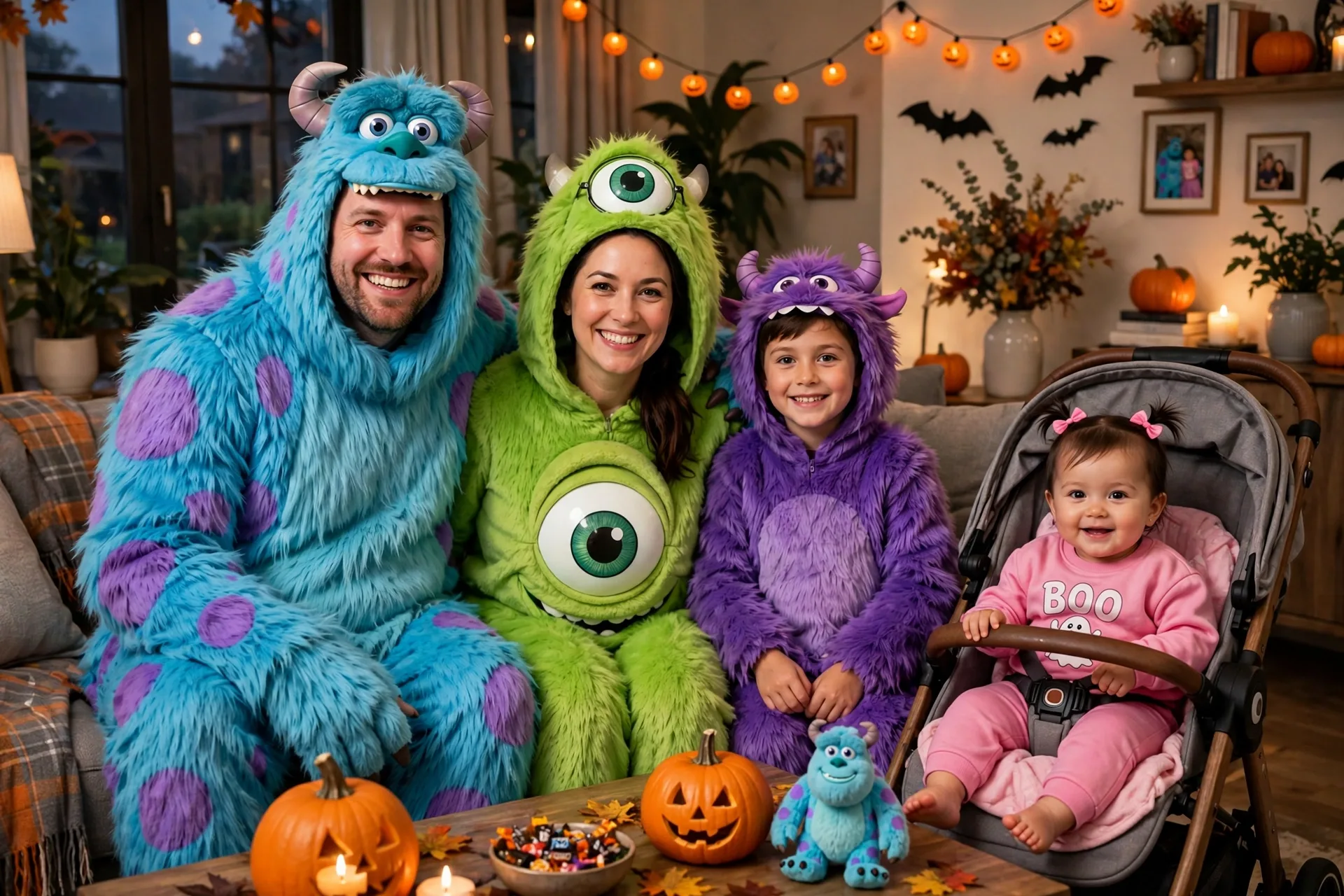 A family of four in Monsters Inc Halloween costumes with a baby dressed as Boo