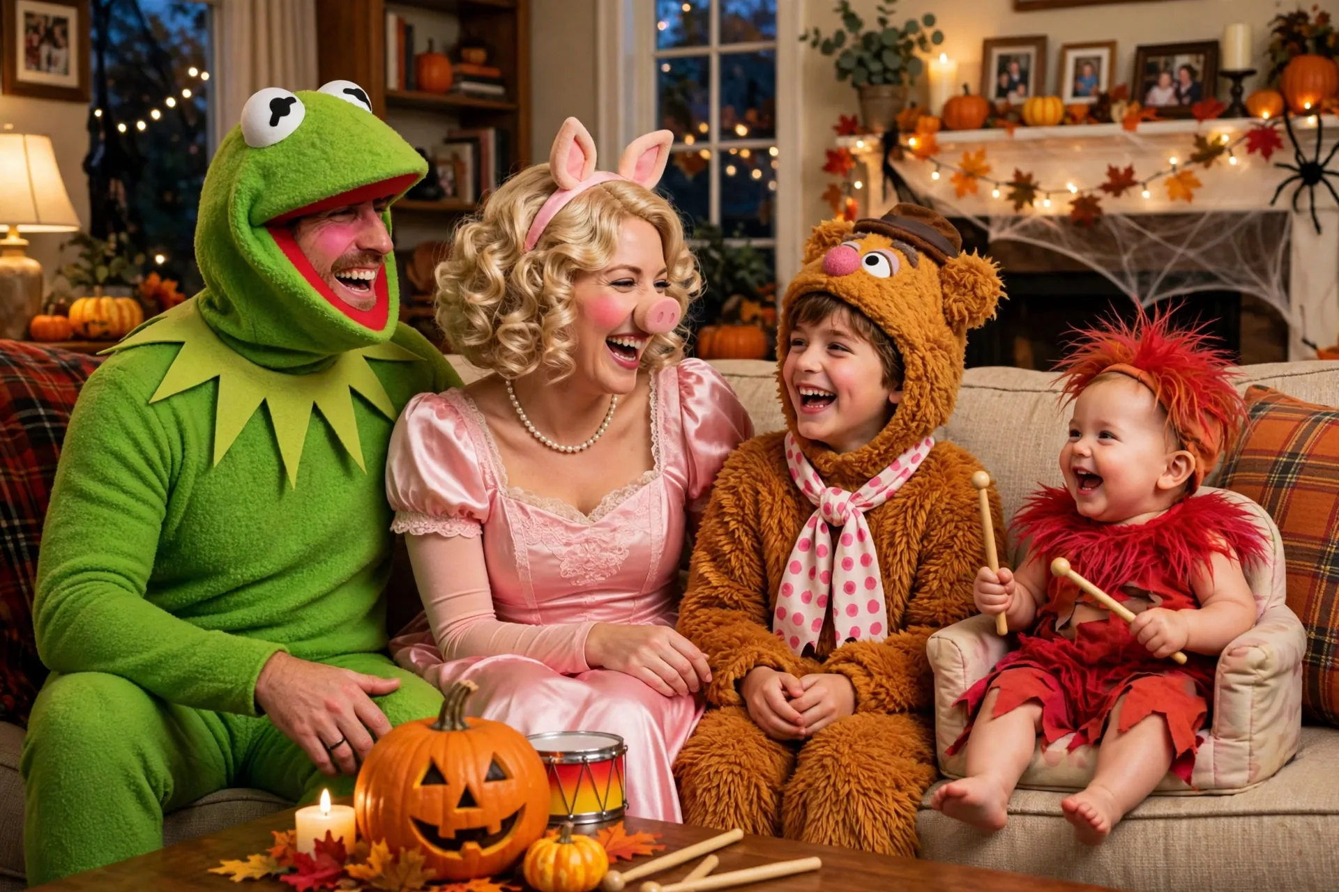 A family of four in Muppets Halloween costumes with a baby dressed as Animal
