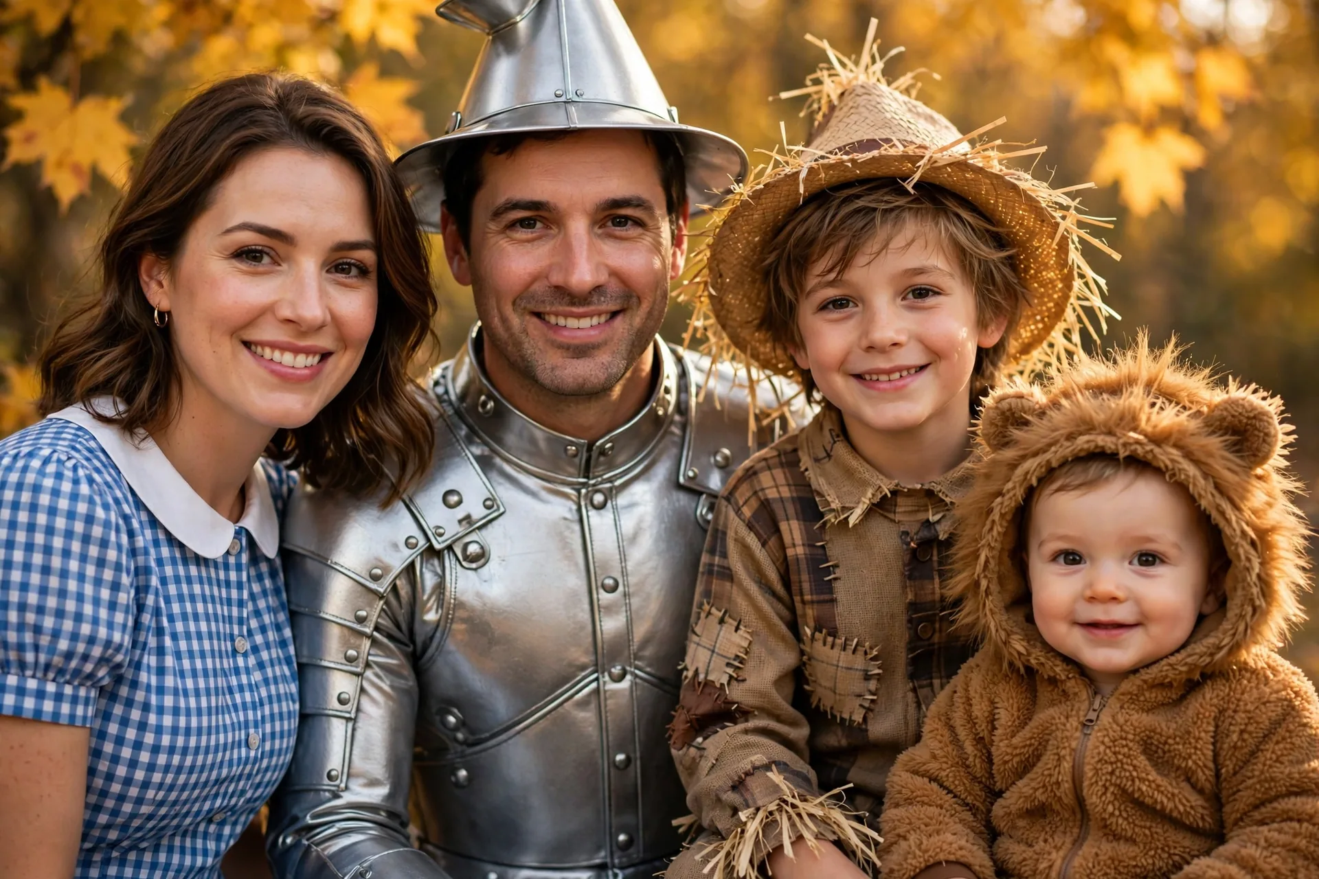 Family of four in Wizard of Oz costumes with a baby dressed as the Cowardly Lion